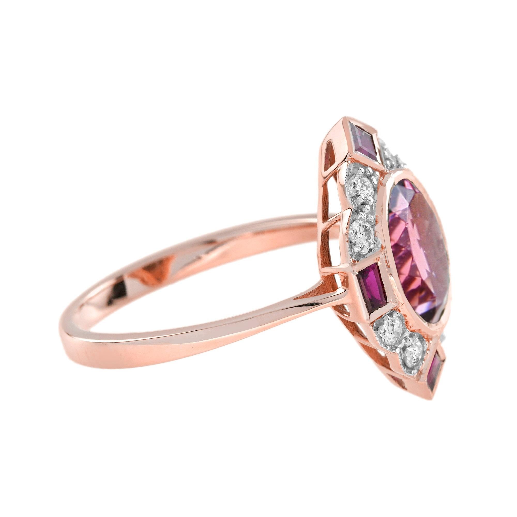 Art déco Bague ovale en or rose blanc 14K avec tourmaline rose et rubis et diamant d'inspiration vintage en vente