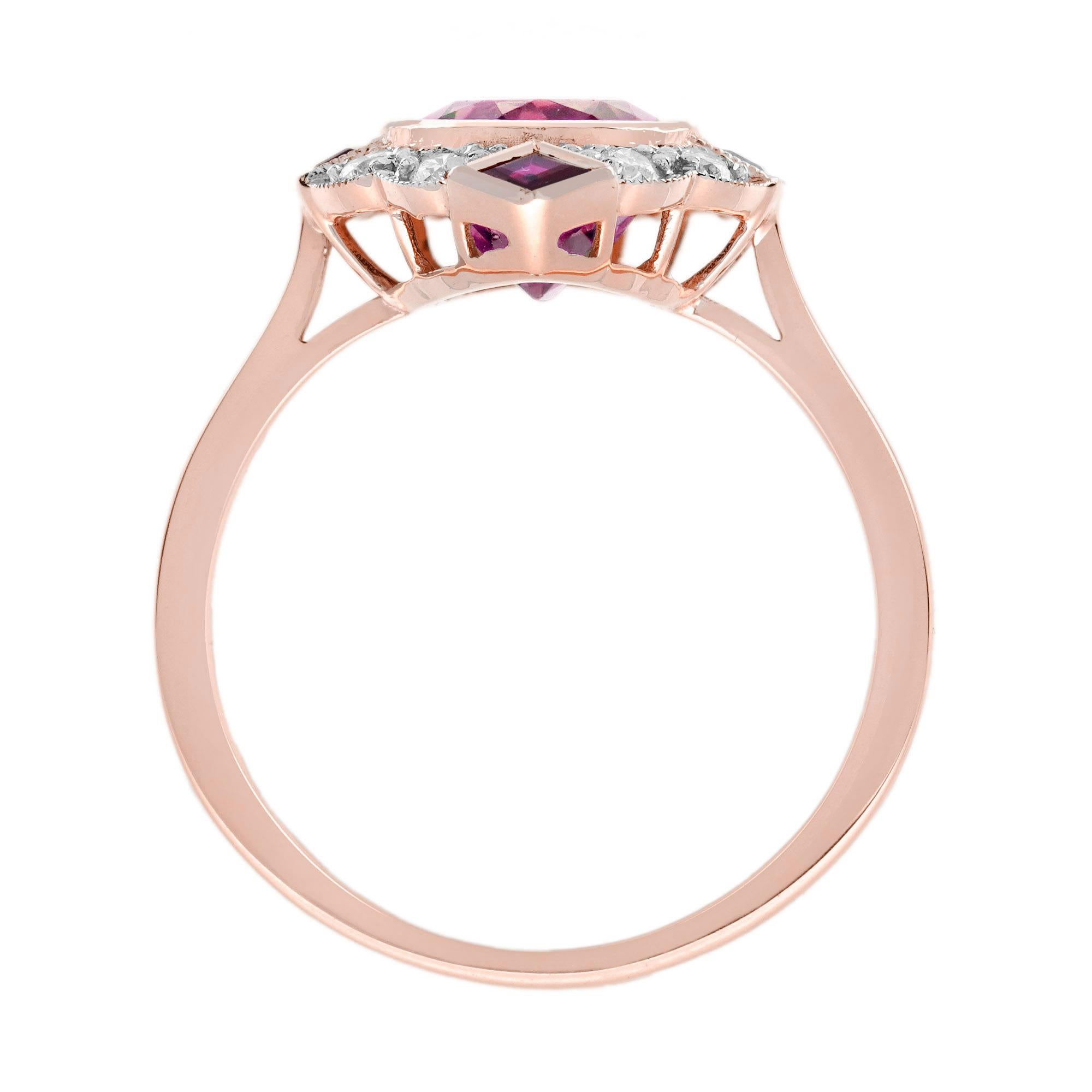 Taille ovale Bague ovale en or rose blanc 14K avec tourmaline rose et rubis et diamant d'inspiration vintage en vente