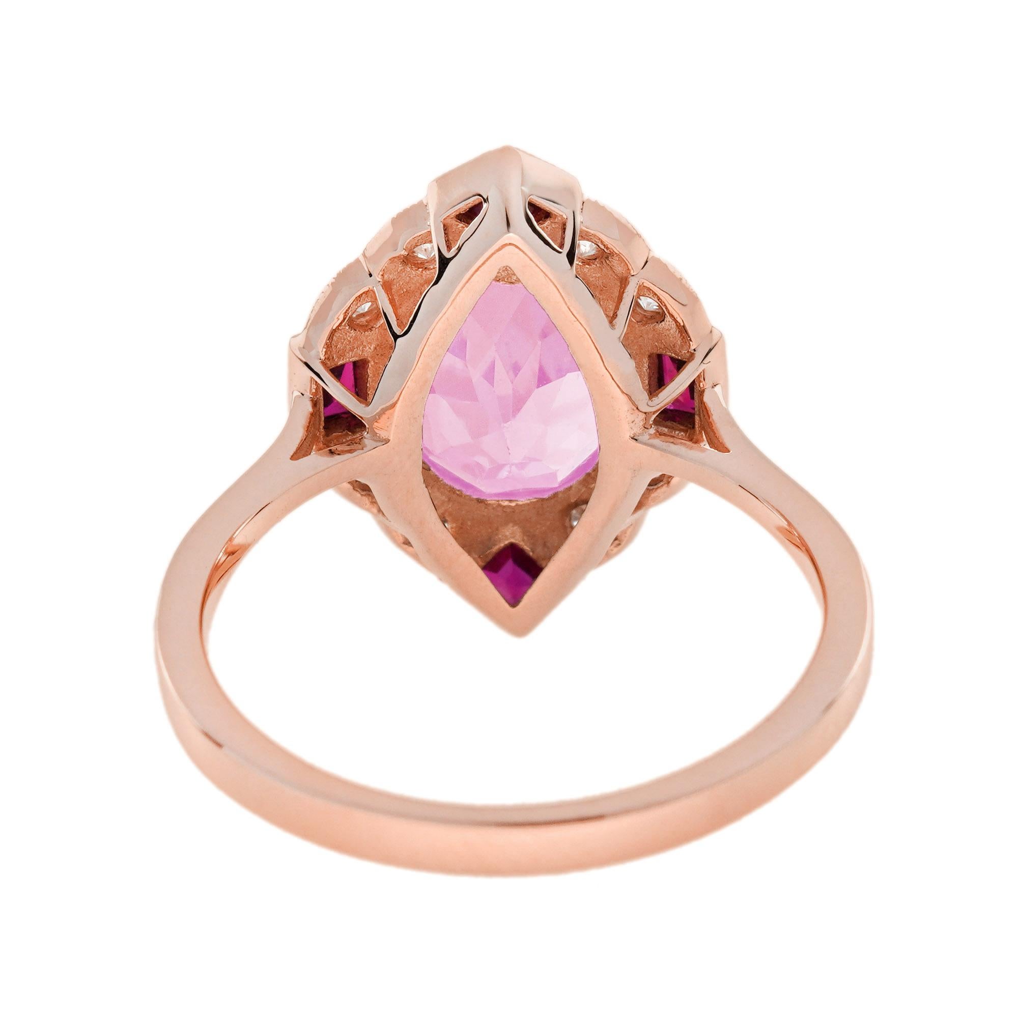 Bague ovale en or rose blanc 14K avec tourmaline rose et rubis et diamant d'inspiration vintage Neuf - En vente à Oakton, VA