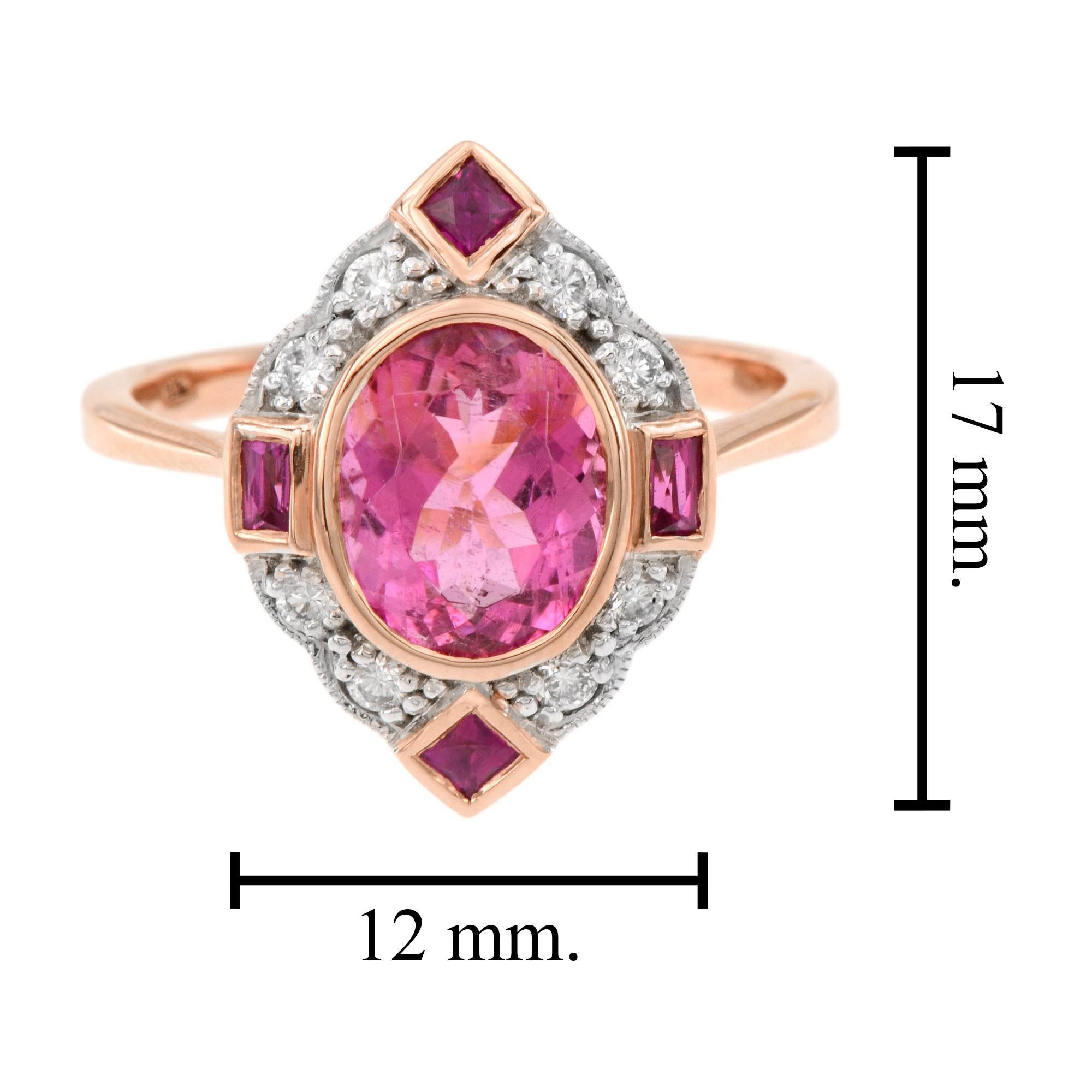 Bague ovale en or rose blanc 14K avec tourmaline rose et rubis et diamant d'inspiration vintage Pour femmes en vente