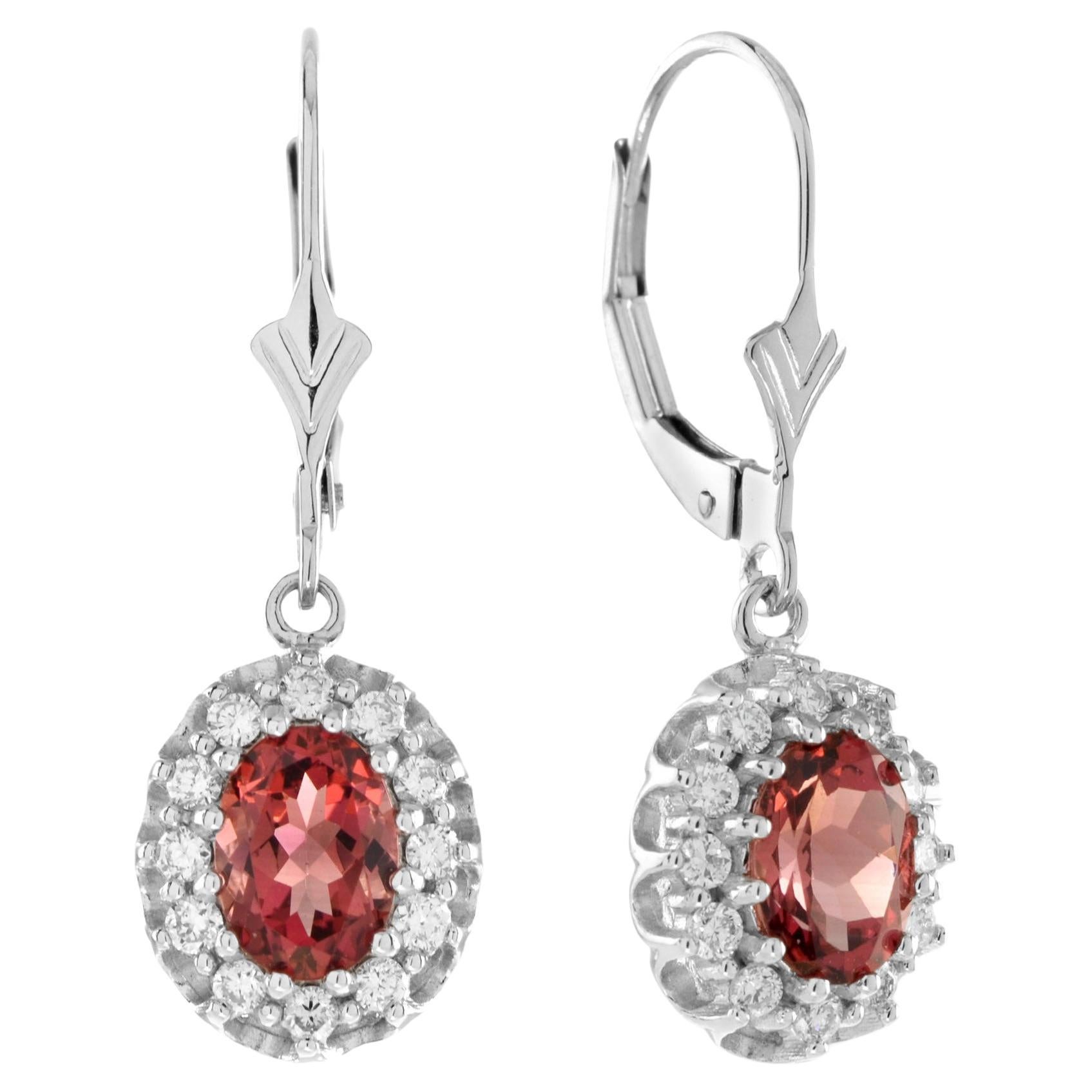 Oval Pink Tourmaline with Diamond Halo Earrings in 18K White Gold For Sale