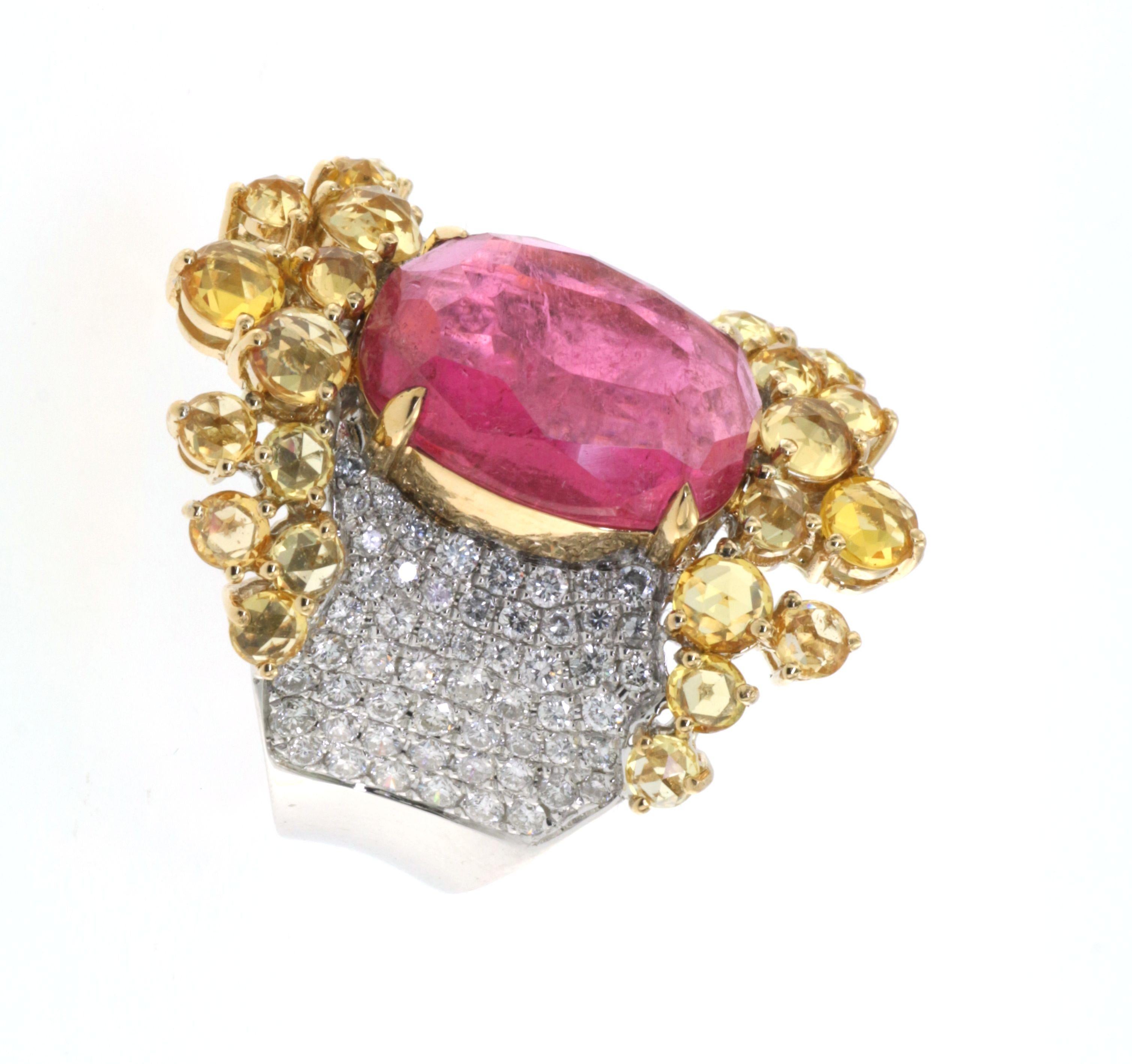 Contemporary Oval Pink Tourmaline Yellow Sapphire Diamond Cocktail Ring in 18K White Gold