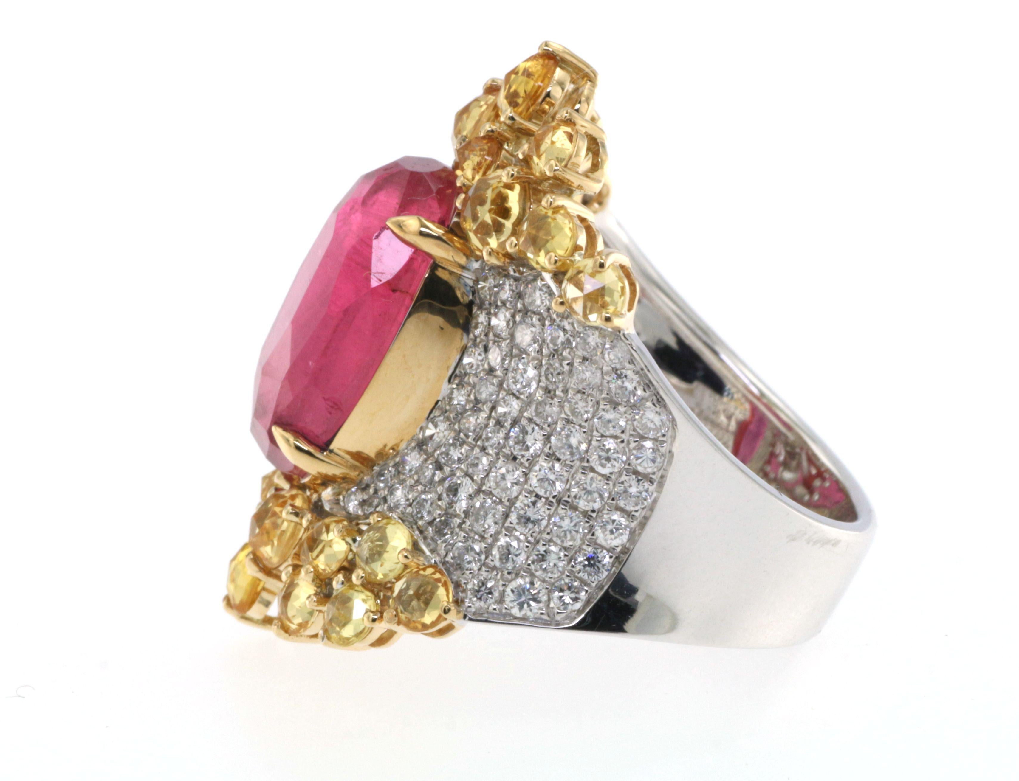 Oval Cut Oval Pink Tourmaline Yellow Sapphire Diamond Cocktail Ring in 18K White Gold