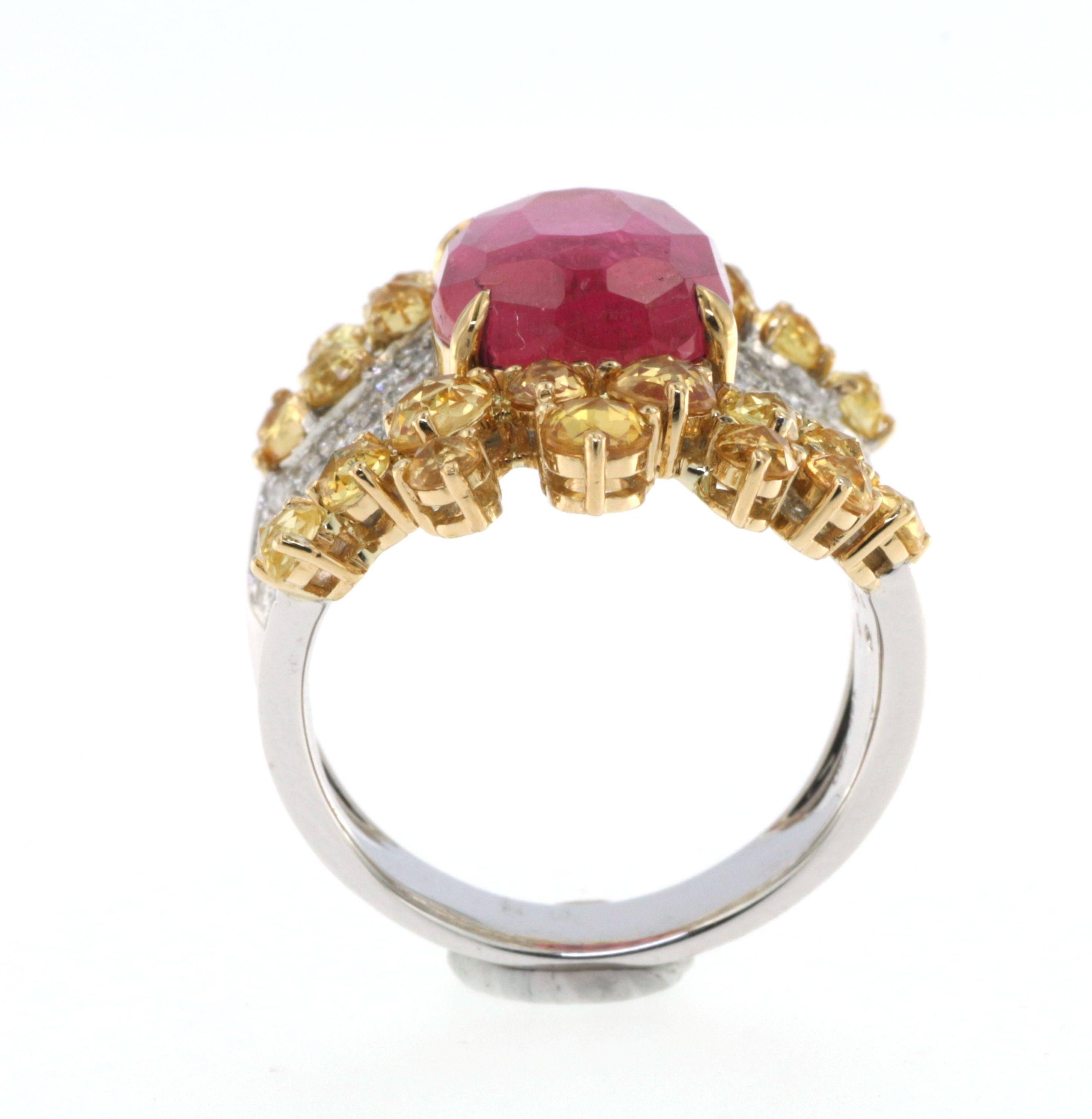 Oval Pink Tourmaline Yellow Sapphire Diamond Cocktail Ring in 18K White Gold In New Condition In Hong Kong, HK
