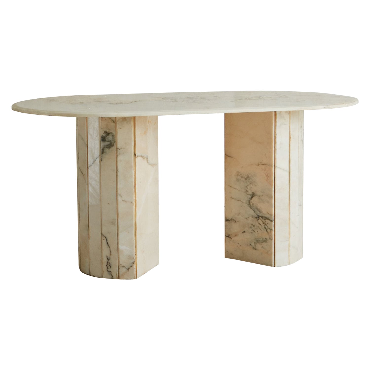 Oval Pink 
White Marble Dining Table with Two Pedestal Legs, 1970s
