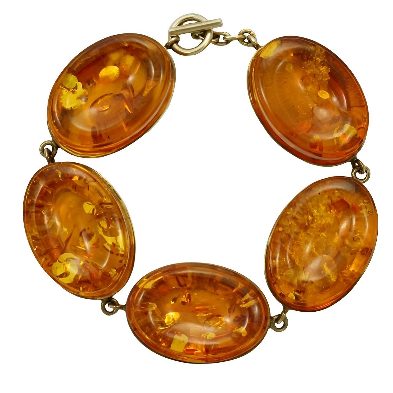 Bracelet d'ambre polie ovale en Vermeil d'or sur des maillons en argent sterling en vente 3