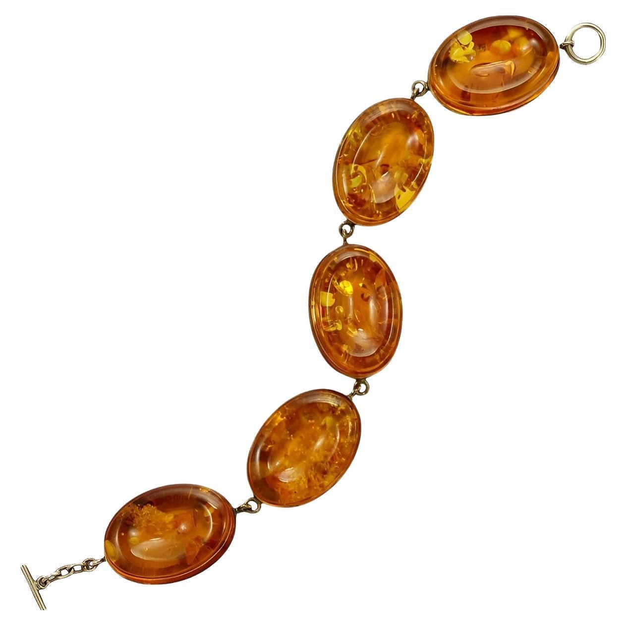 Oval Polished Amber Link Bracelet Set in Gold Vermeil on Sterling Silver Links