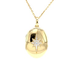 Oval Polished Locket Pendant Necklace - 18k Yellow Gold - 9 Diamonds 0.14ct G VS