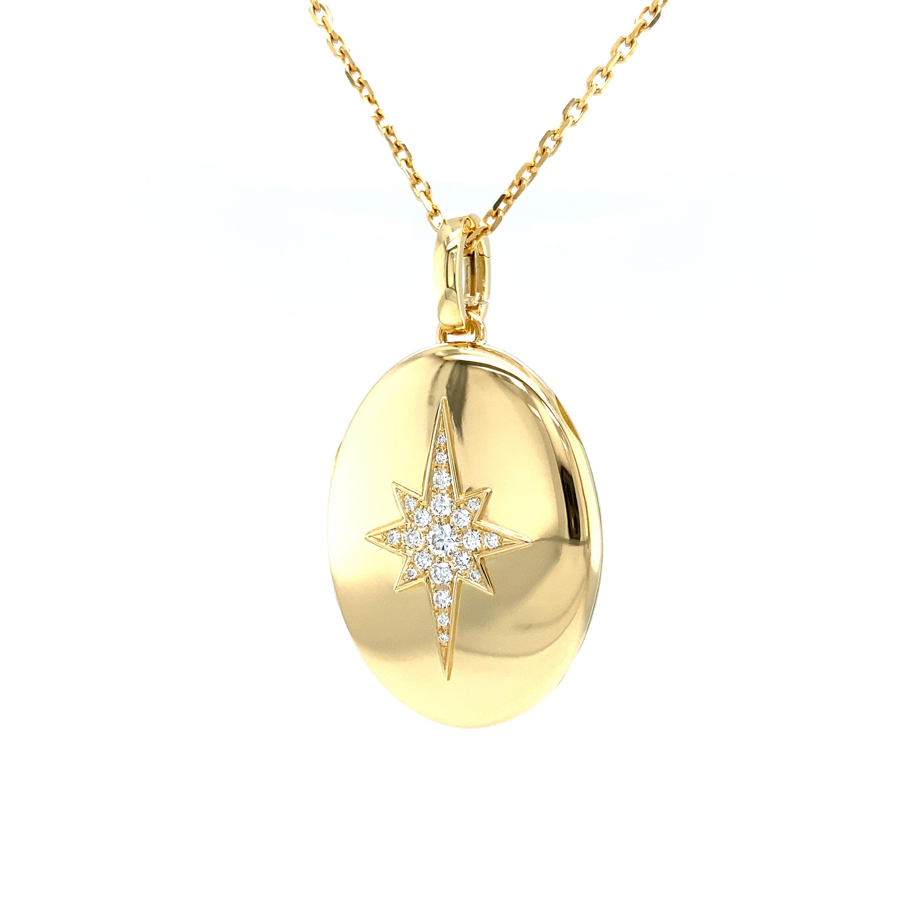 Contemporary Oval Polished Locket Pendant Necklace - 18k Yellow Gold - 9 Diamonds 0.14ct G VS For Sale