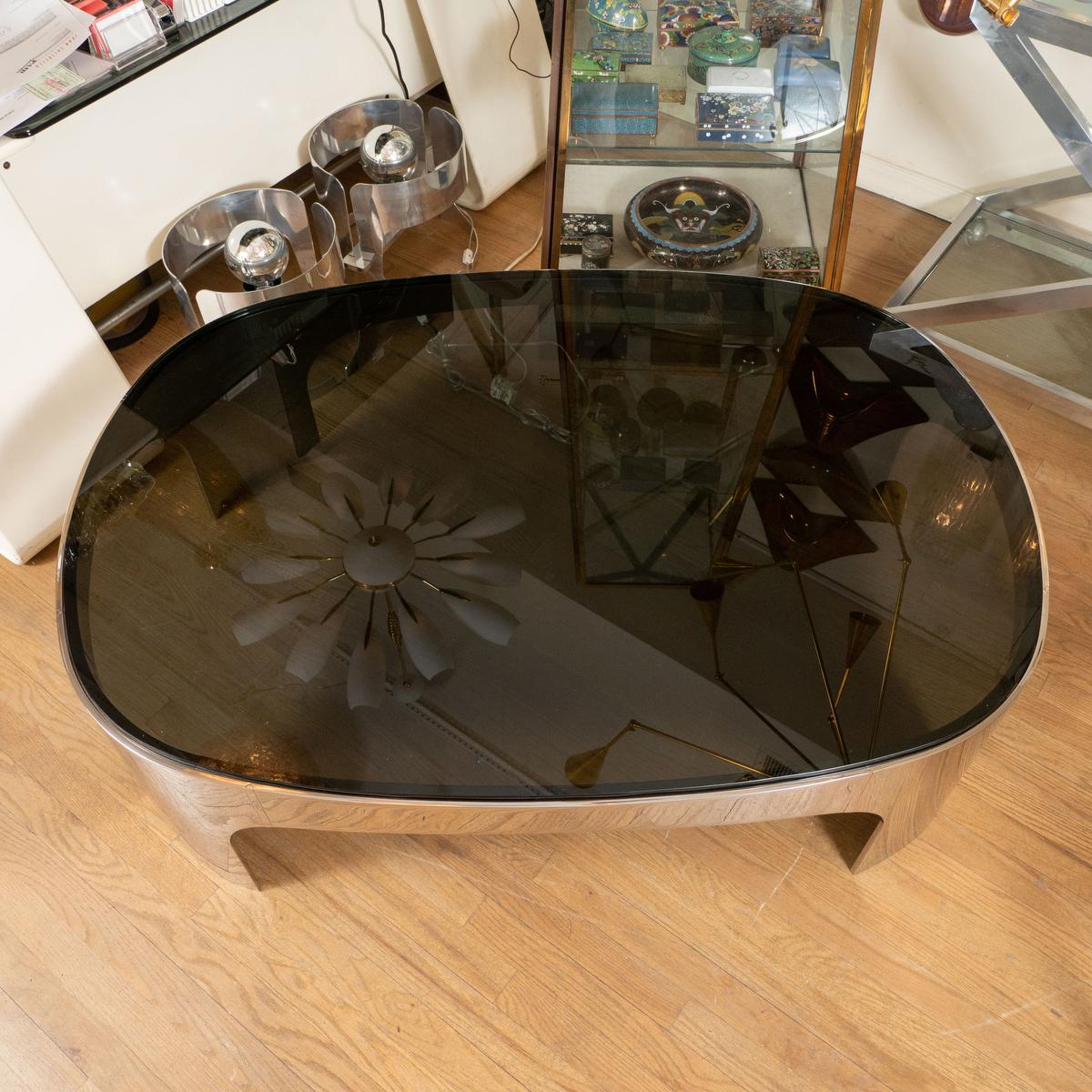 Mid-Century Modern Oval polished stainless steel black glass coffee table For Sale