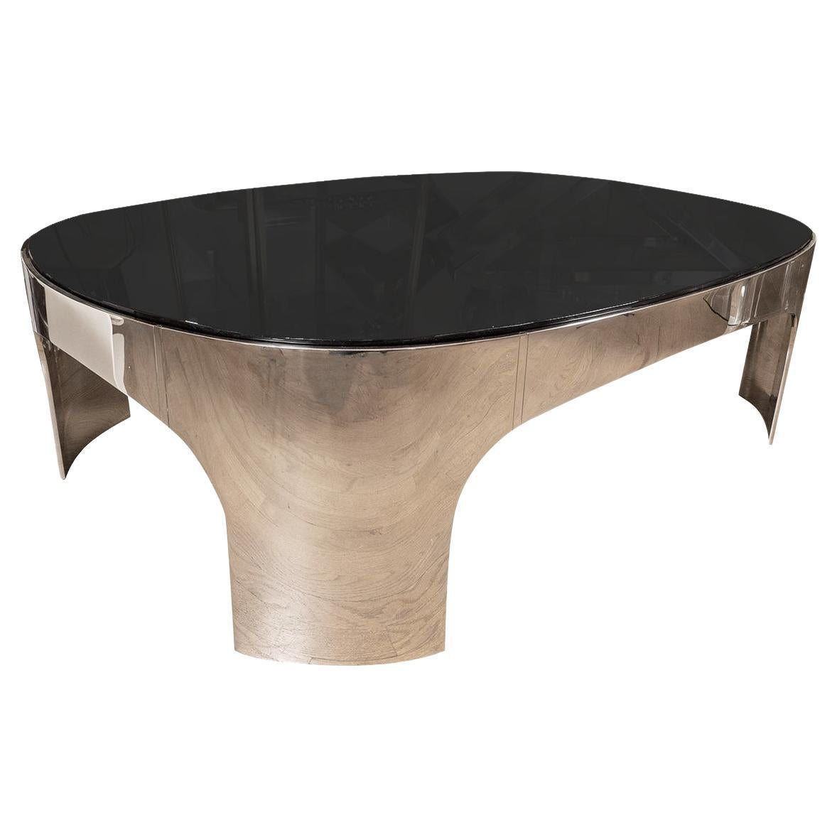 Oval polished stainless steel black glass coffee table For Sale