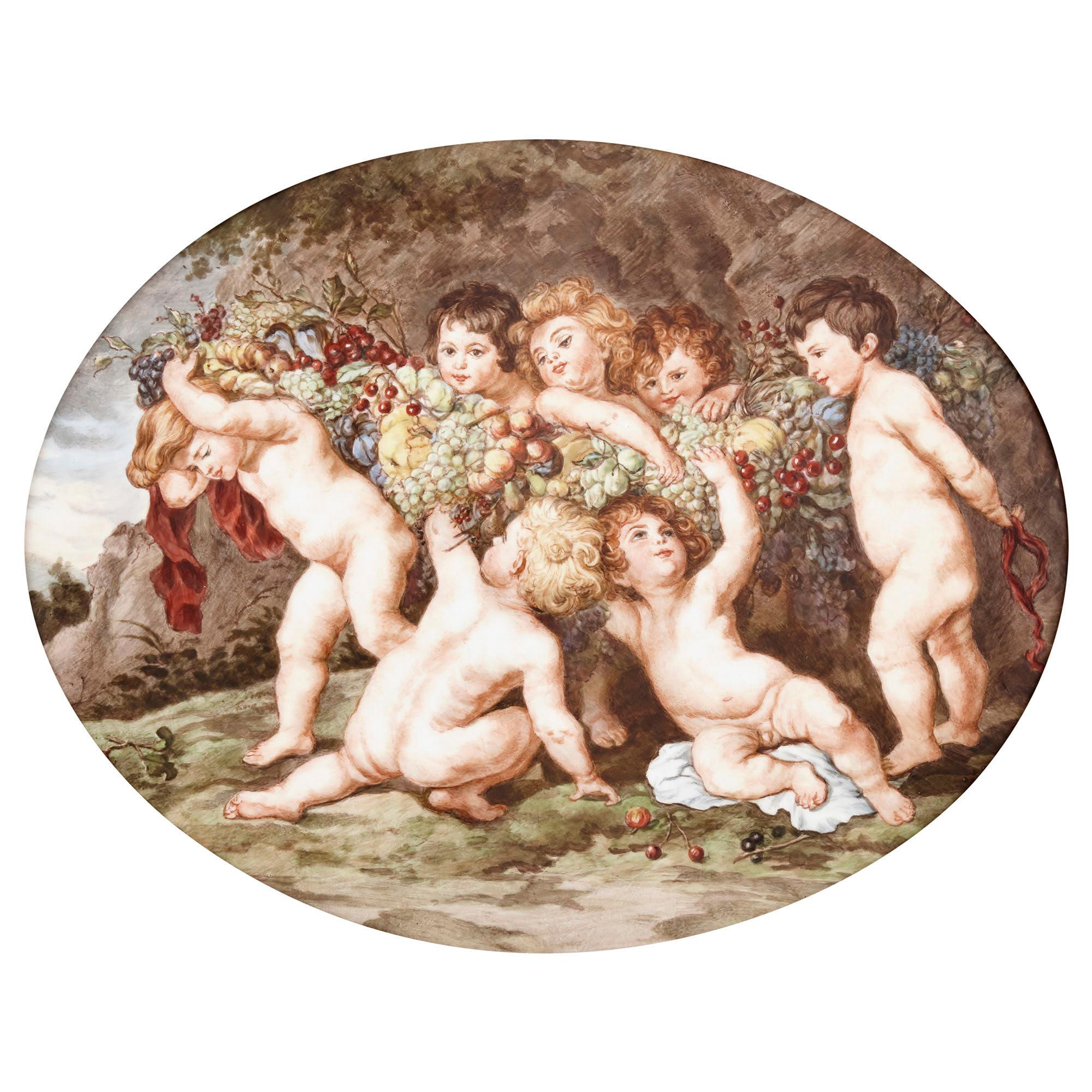 Oval porcelain plaque with a painted scene after Rubens
French, 19th century
Frame: Height 38cm, width 48cm, depth 3cm
Plaque: Height 34cm, width 44cm, depth 0.5cm

This beautiful antique French porcelain plaque, oval in form, features a