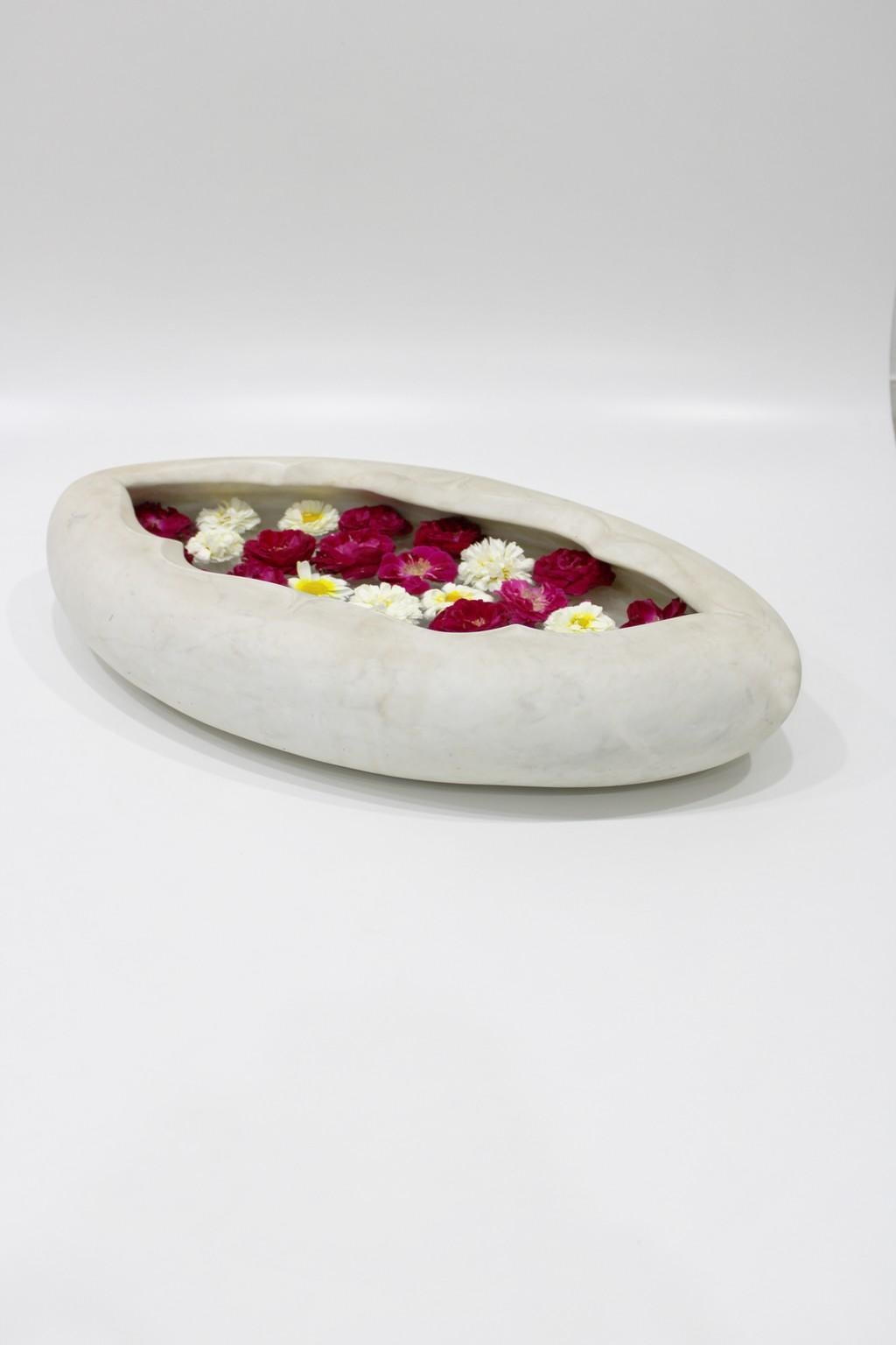 Indian Oval Pot in White Marble by Paul Mathieu for Stephanie Odegard For Sale