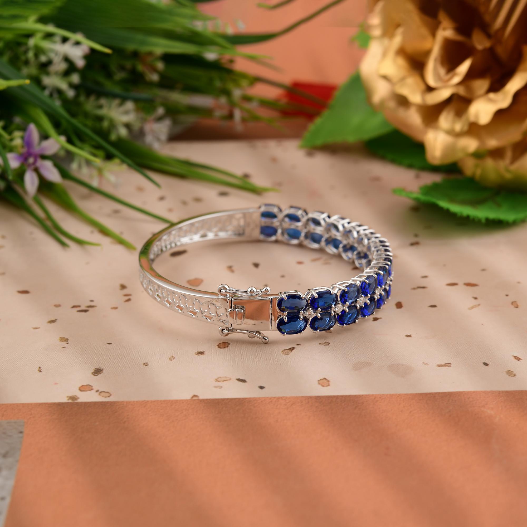 Oval Processed Sapphire Natural Diamond Bangle Bracelet in 14K White Gold For Sale 5