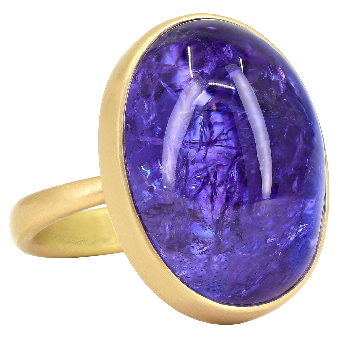 Oval Purple Blue Tanzanite Cabochon Yellow Gold Dome Ring, Lola Brooks, 2022 For Sale