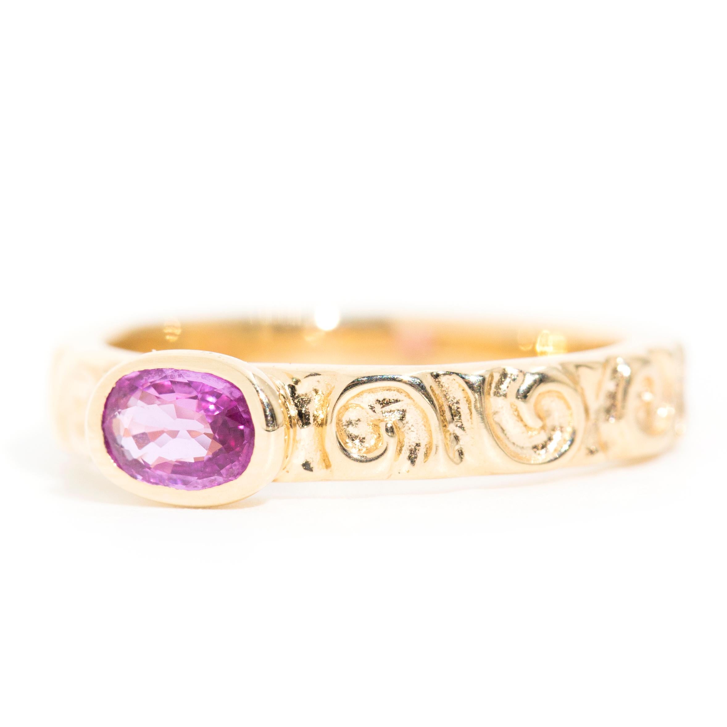 Modern Oval Purple Pink Natural Sapphire Scroll Vintage Ring in 14 Carat Yellow Gold