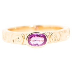 Oval Purple Pink Natural Sapphire Scroll Vintage Ring in 14 Carat Yellow Gold