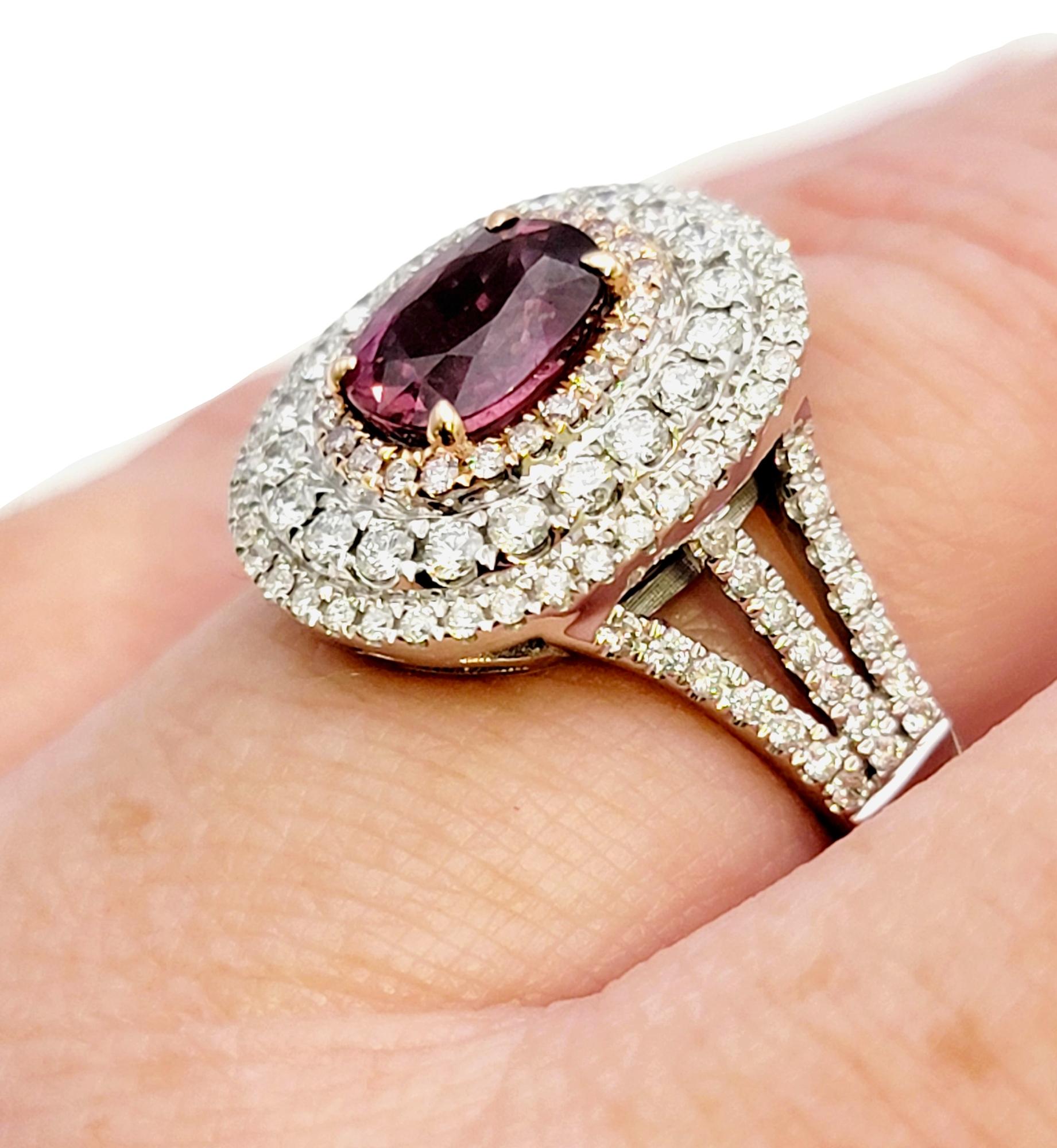 Oval Purple Sapphire and Diamond Triple Halo Cocktail Ring in White & Rose Gold For Sale 3