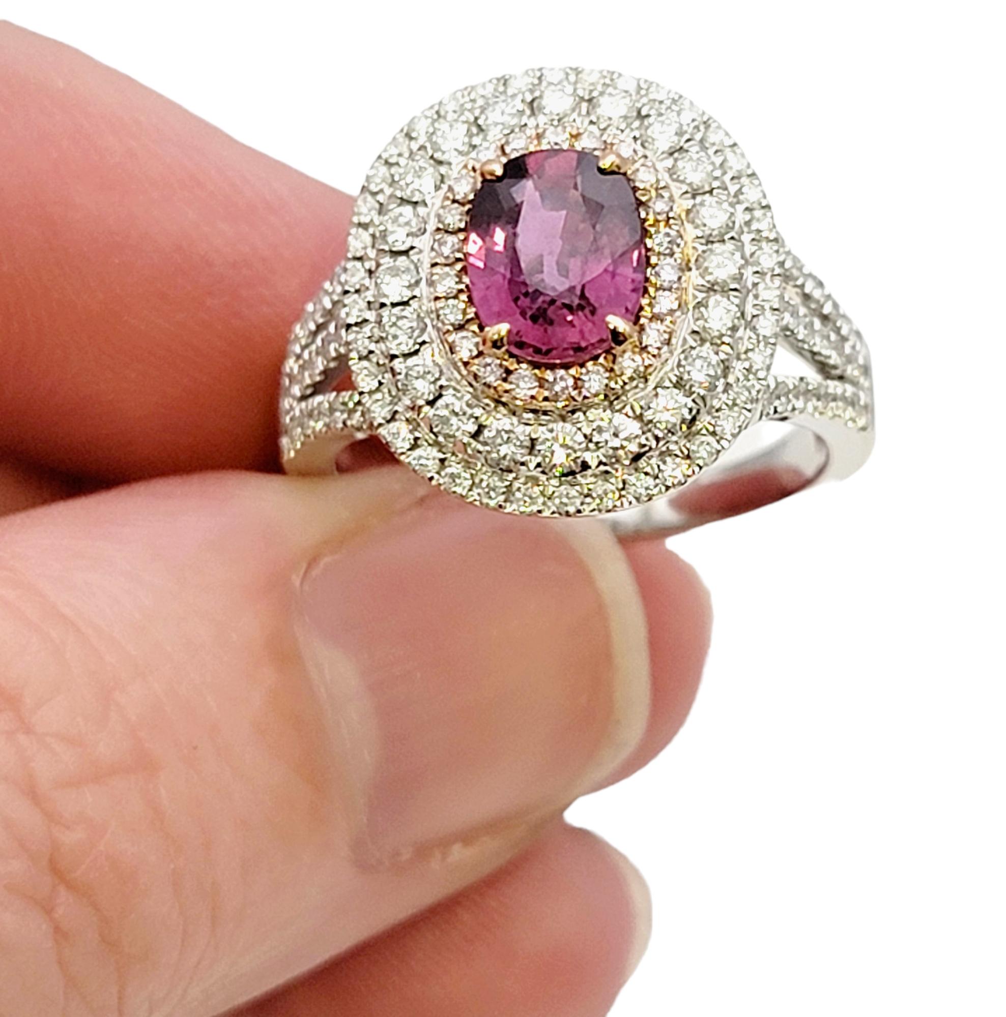 Oval Purple Sapphire and Diamond Triple Halo Cocktail Ring in White & Rose Gold For Sale 4