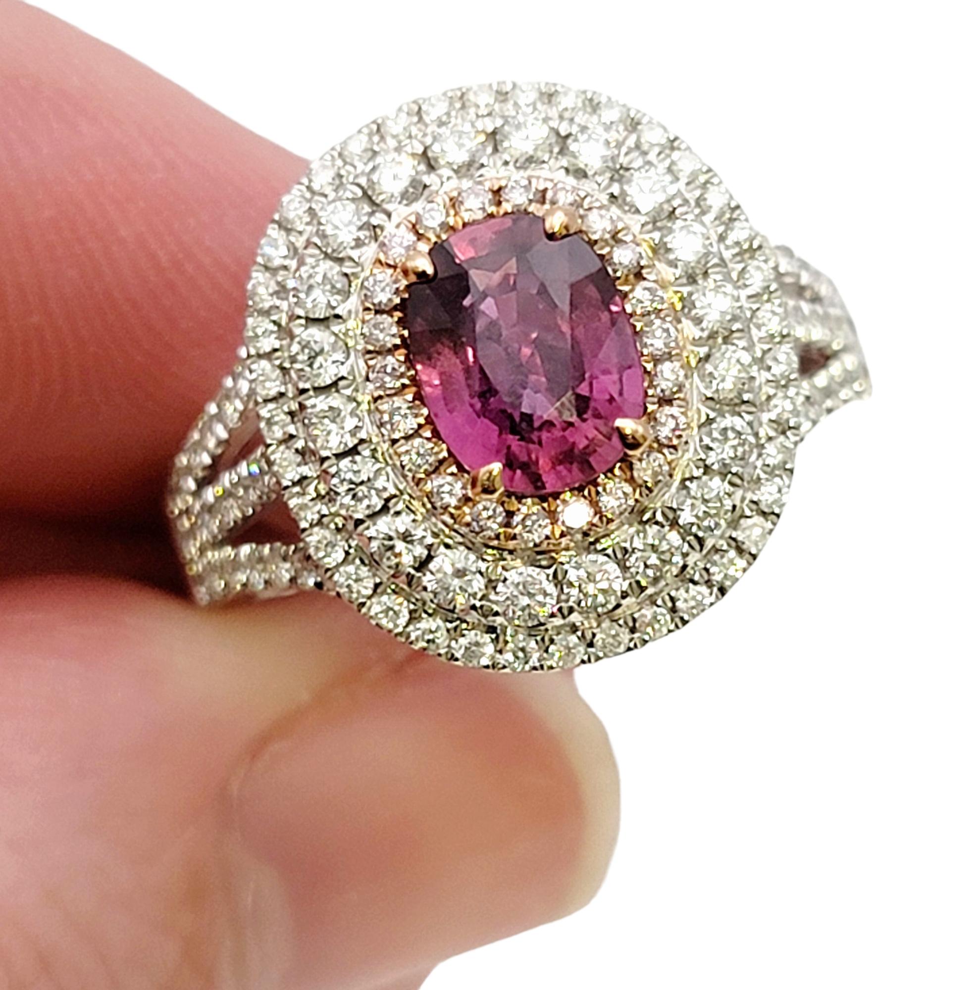 Oval Purple Sapphire and Diamond Triple Halo Cocktail Ring in White & Rose Gold For Sale 5