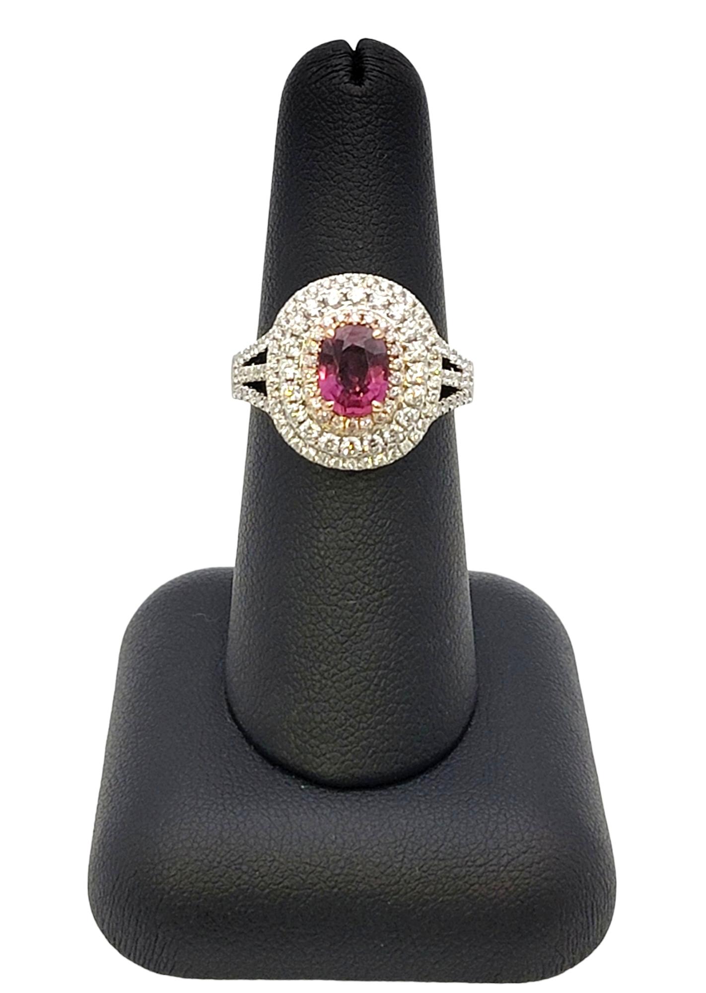 Oval Purple Sapphire and Diamond Triple Halo Cocktail Ring in White & Rose Gold For Sale 6
