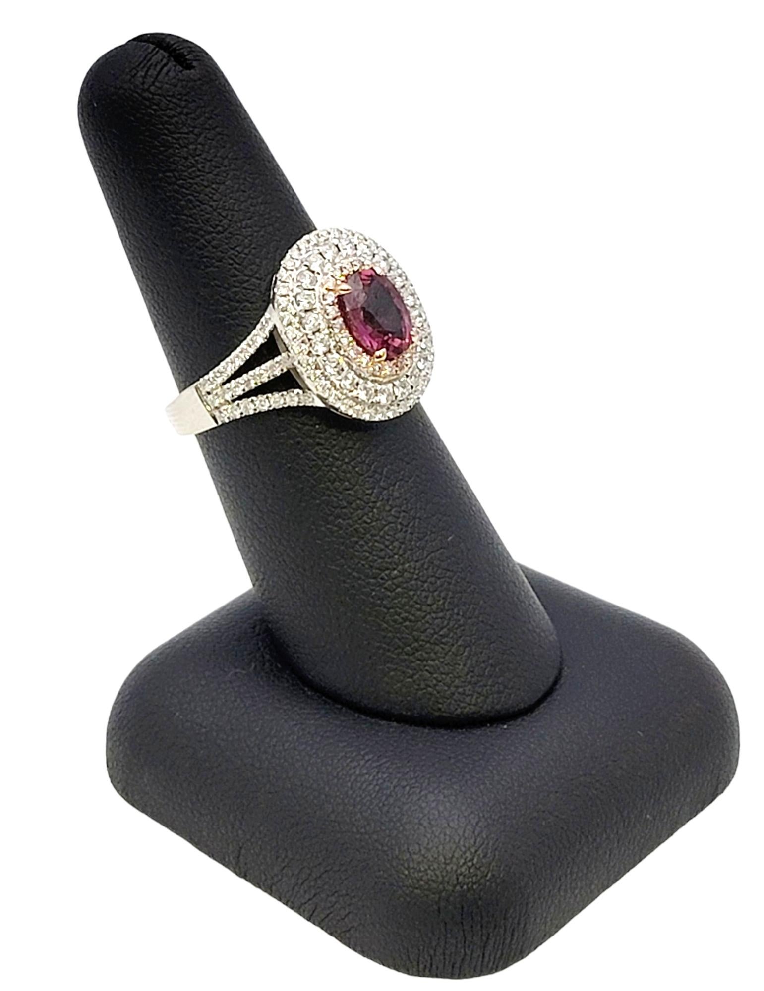 Oval Purple Sapphire and Diamond Triple Halo Cocktail Ring in White & Rose Gold For Sale 7