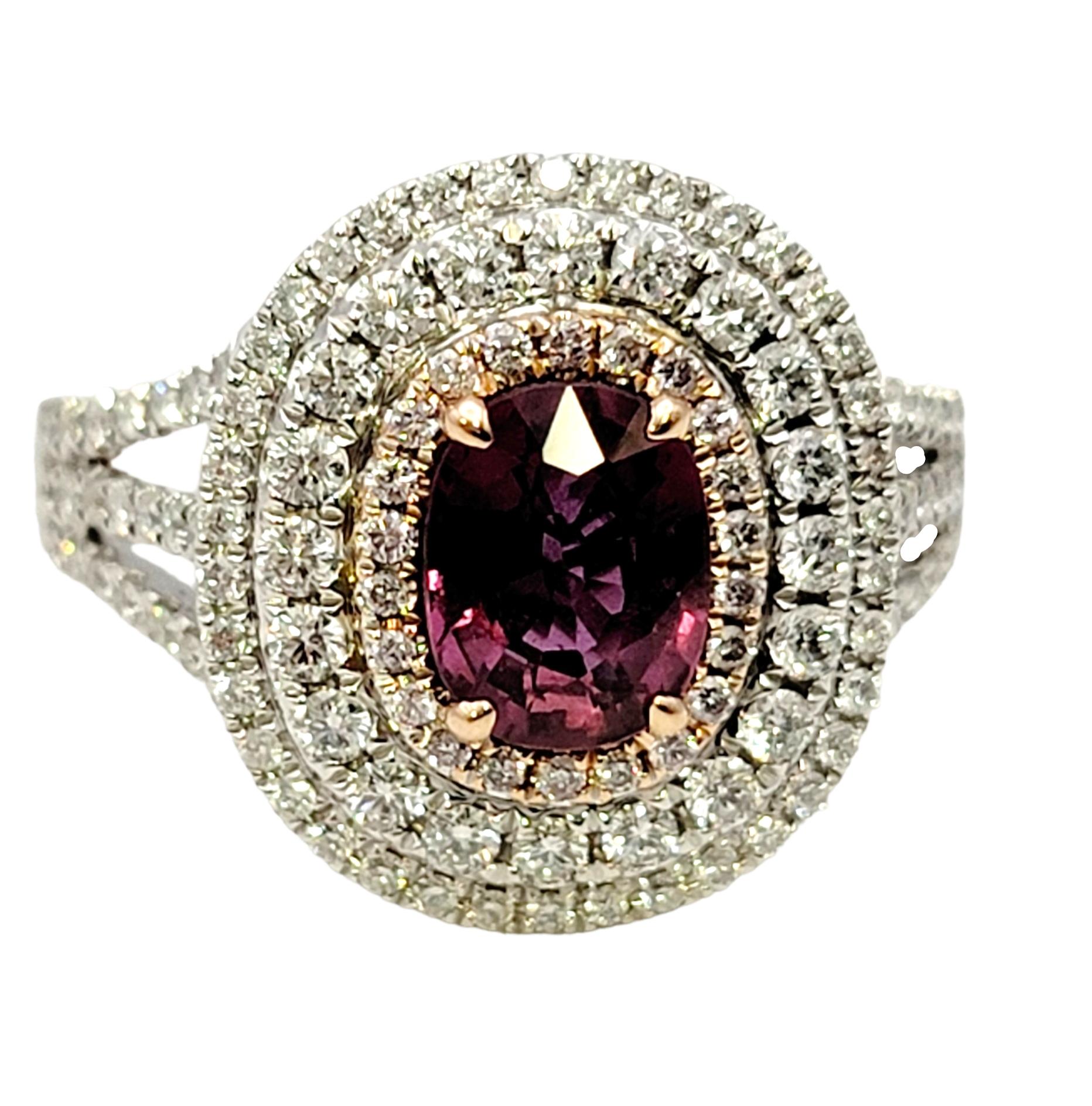 Contemporary Oval Purple Sapphire and Diamond Triple Halo Cocktail Ring in White & Rose Gold For Sale
