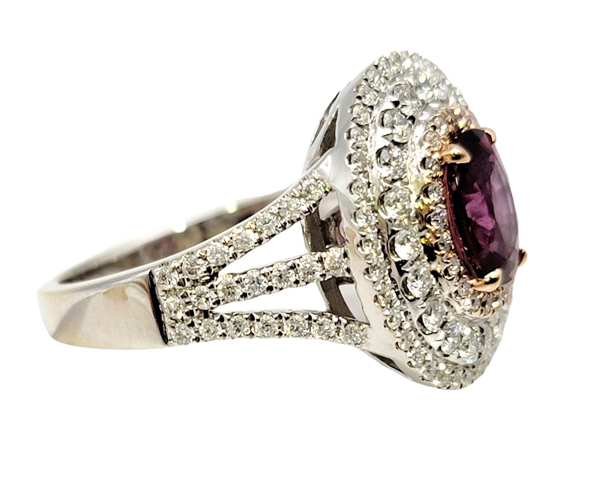 Oval Cut Oval Purple Sapphire and Diamond Triple Halo Cocktail Ring in White & Rose Gold For Sale