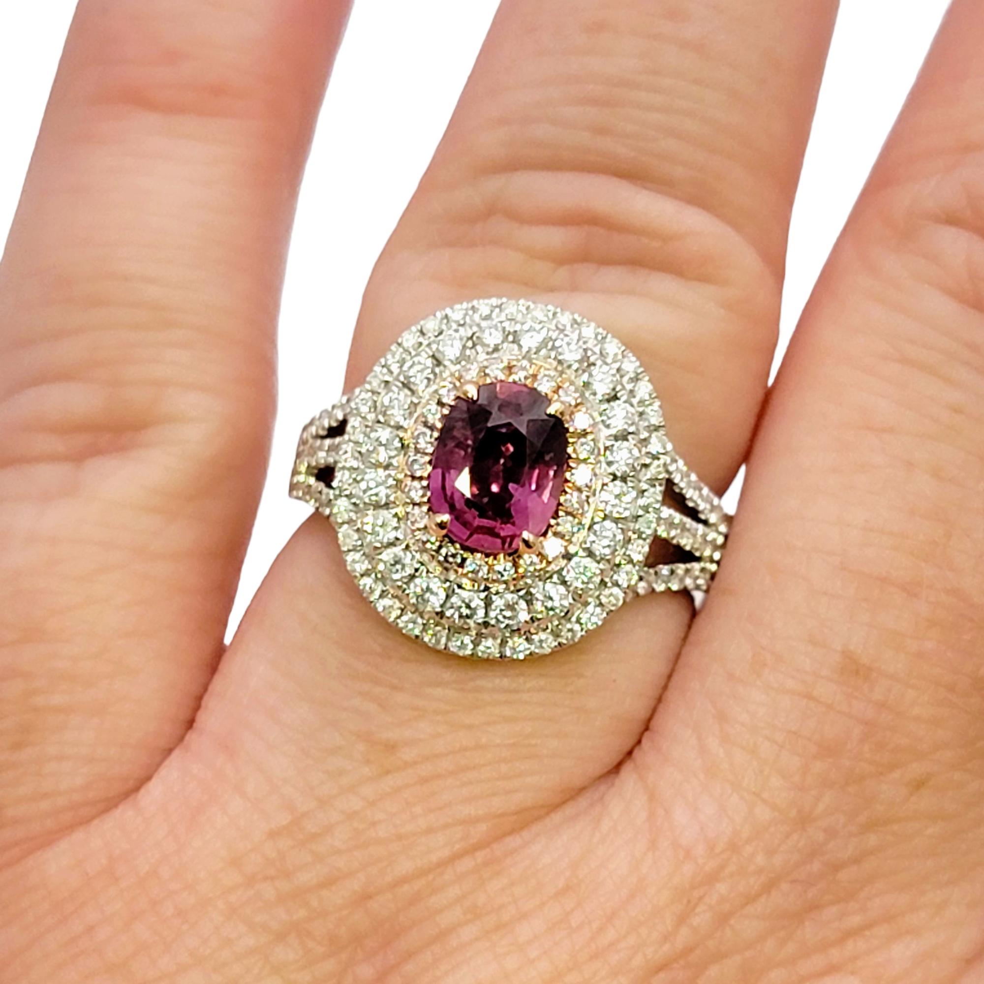 Oval Purple Sapphire and Diamond Triple Halo Cocktail Ring in White & Rose Gold For Sale 2