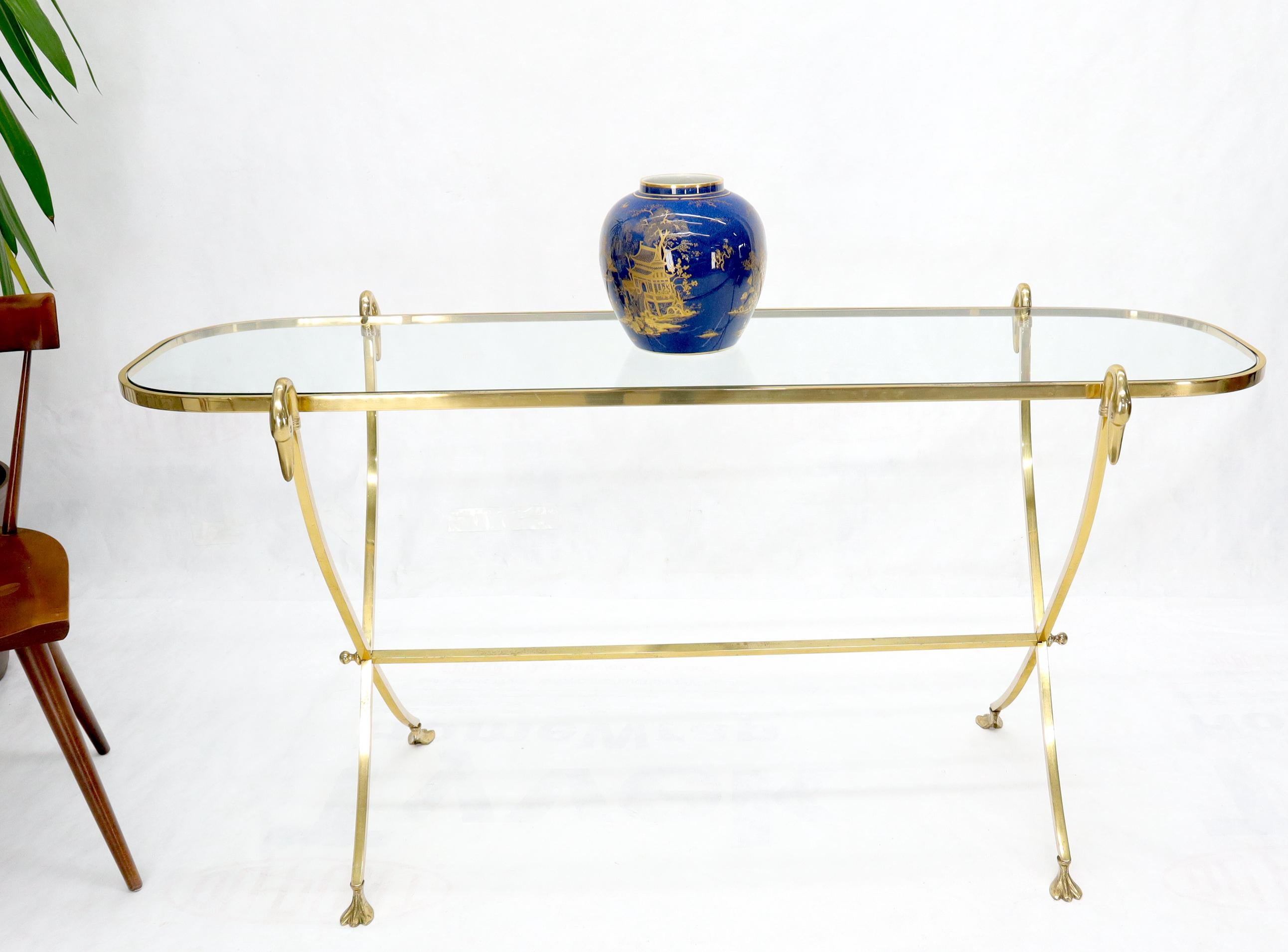 Oval Racetrack Top Shape Solid Brass Console Table with Swan Motive Finials In Good Condition In Rockaway, NJ