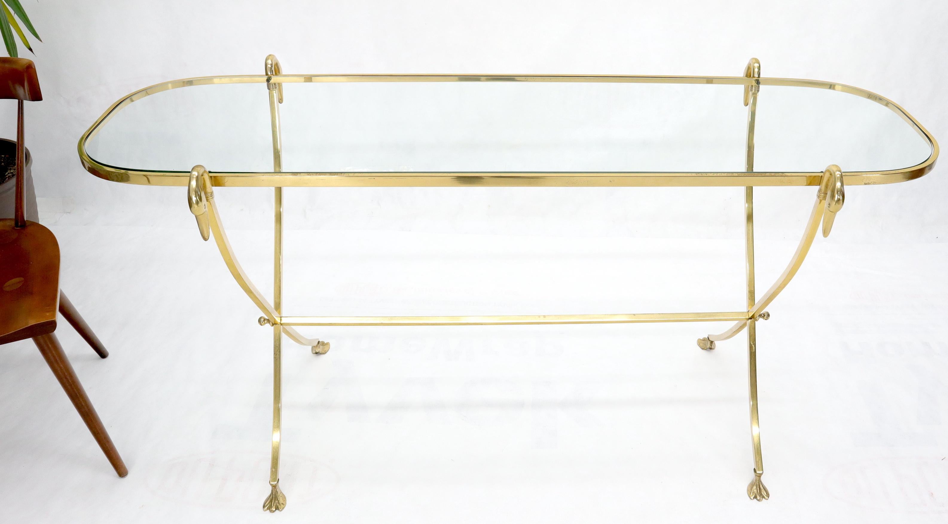20th Century Oval Racetrack Top Shape Solid Brass Console Table with Swan Motive Finials