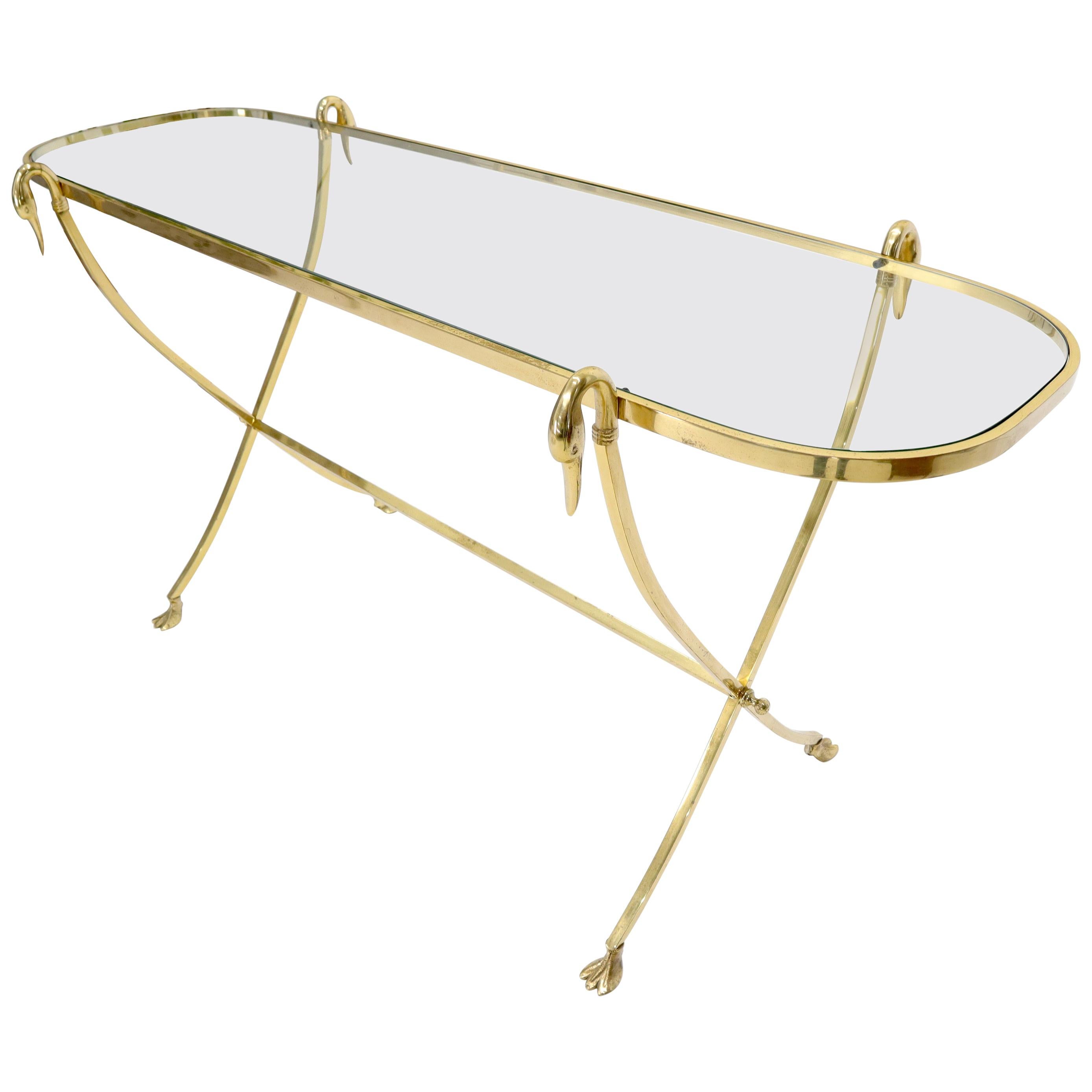 Oval Racetrack Top Shape Solid Brass Console Table with Swan Motive Finials