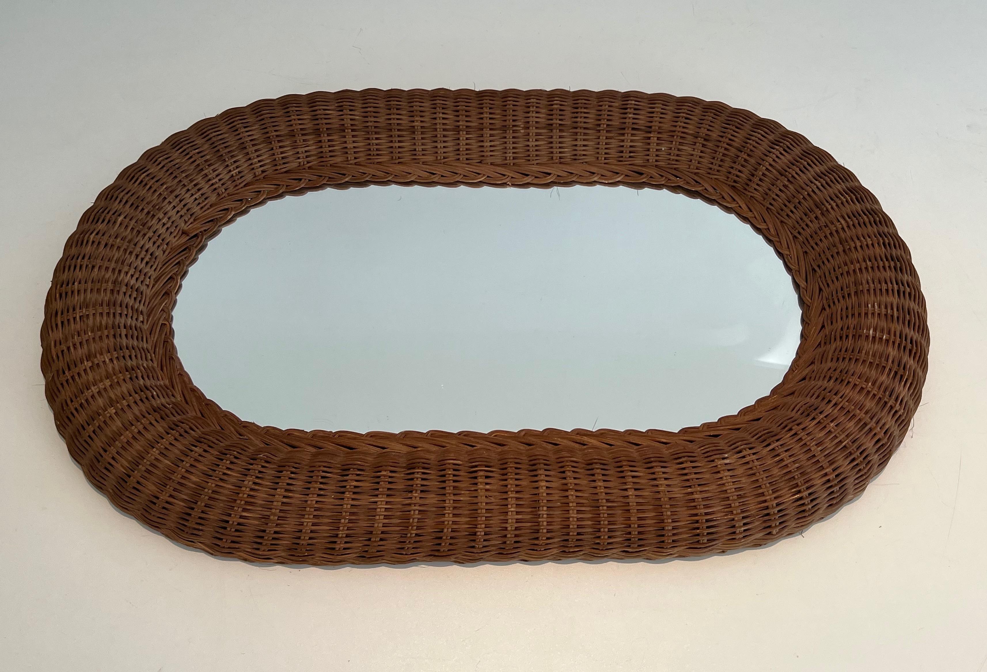 Oval rattan mirror. French work. Circa 1970 For Sale 4