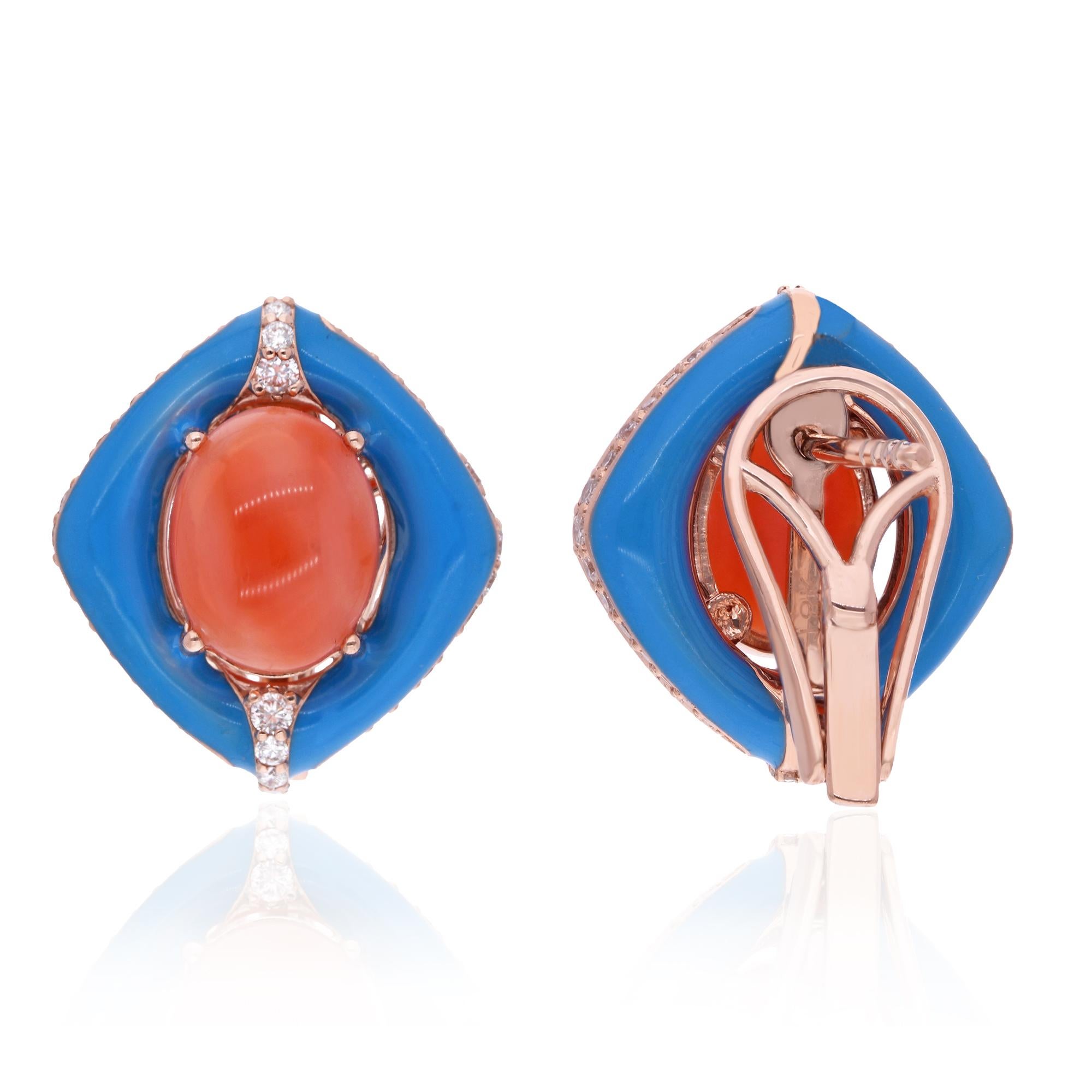 Adorn yourself with the vibrant allure of these Oval Red Coral Gemstone Stud Earrings, set in 14 karat rose gold and accented with enamel detailing and sparkling diamonds. Each earring features a captivating oval-shaped red coral gemstone, renowned