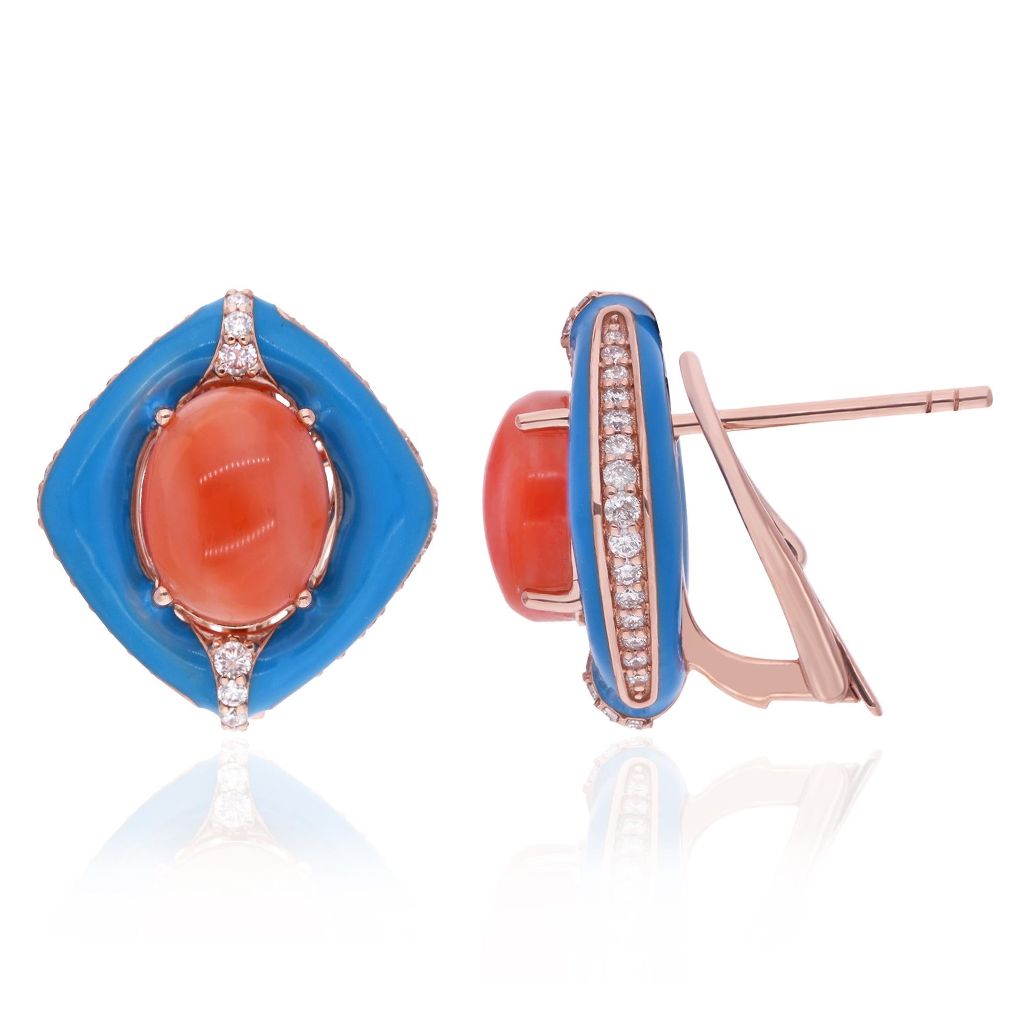 Modern Oval Red Coral Gemstone Stud Earrings Enamel Diamond 14 Karat Rose Gold Jewelry For Sale