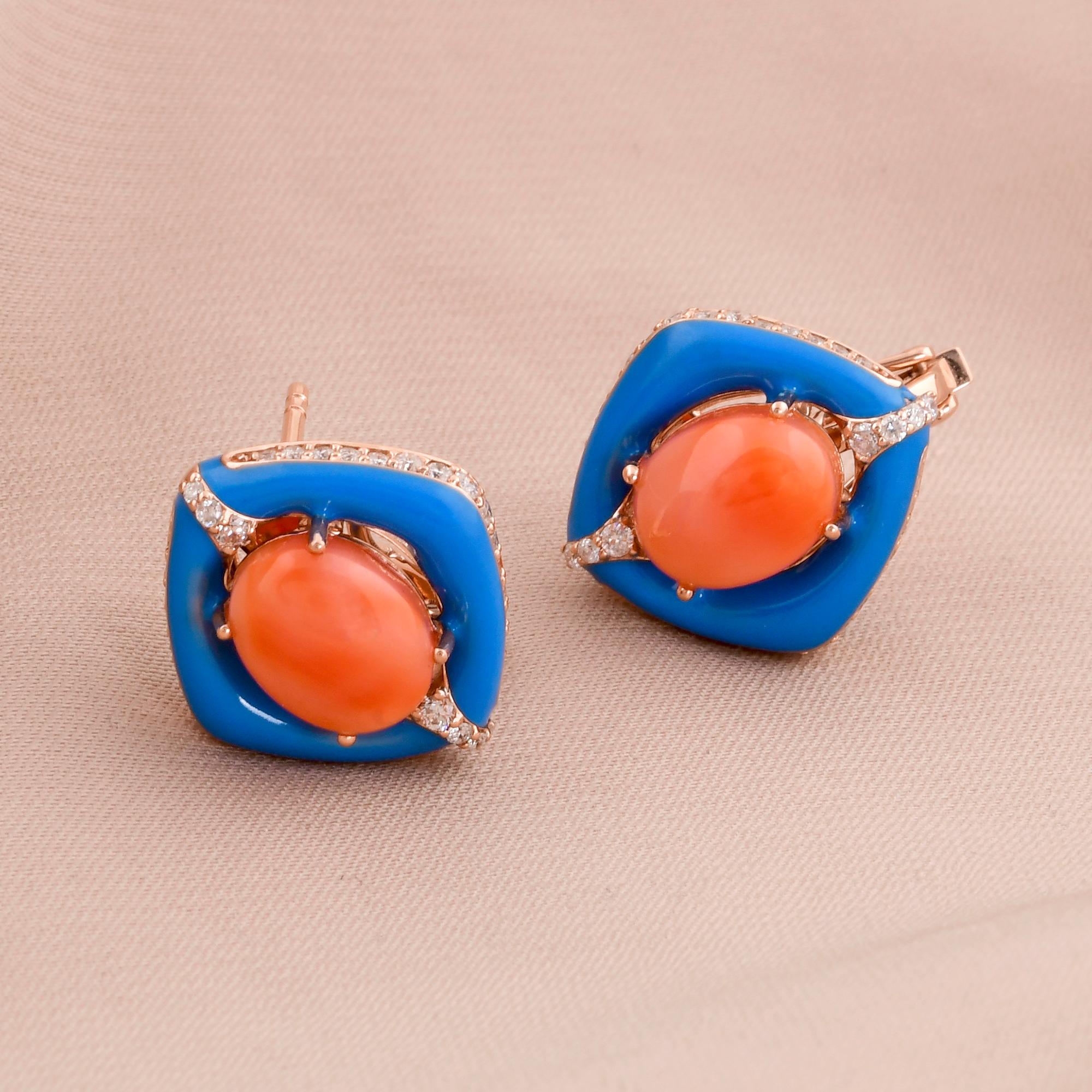 Oval Red Coral Gemstone Stud Earrings Enamel Diamond 14 Karat Rose Gold Jewelry For Sale 1