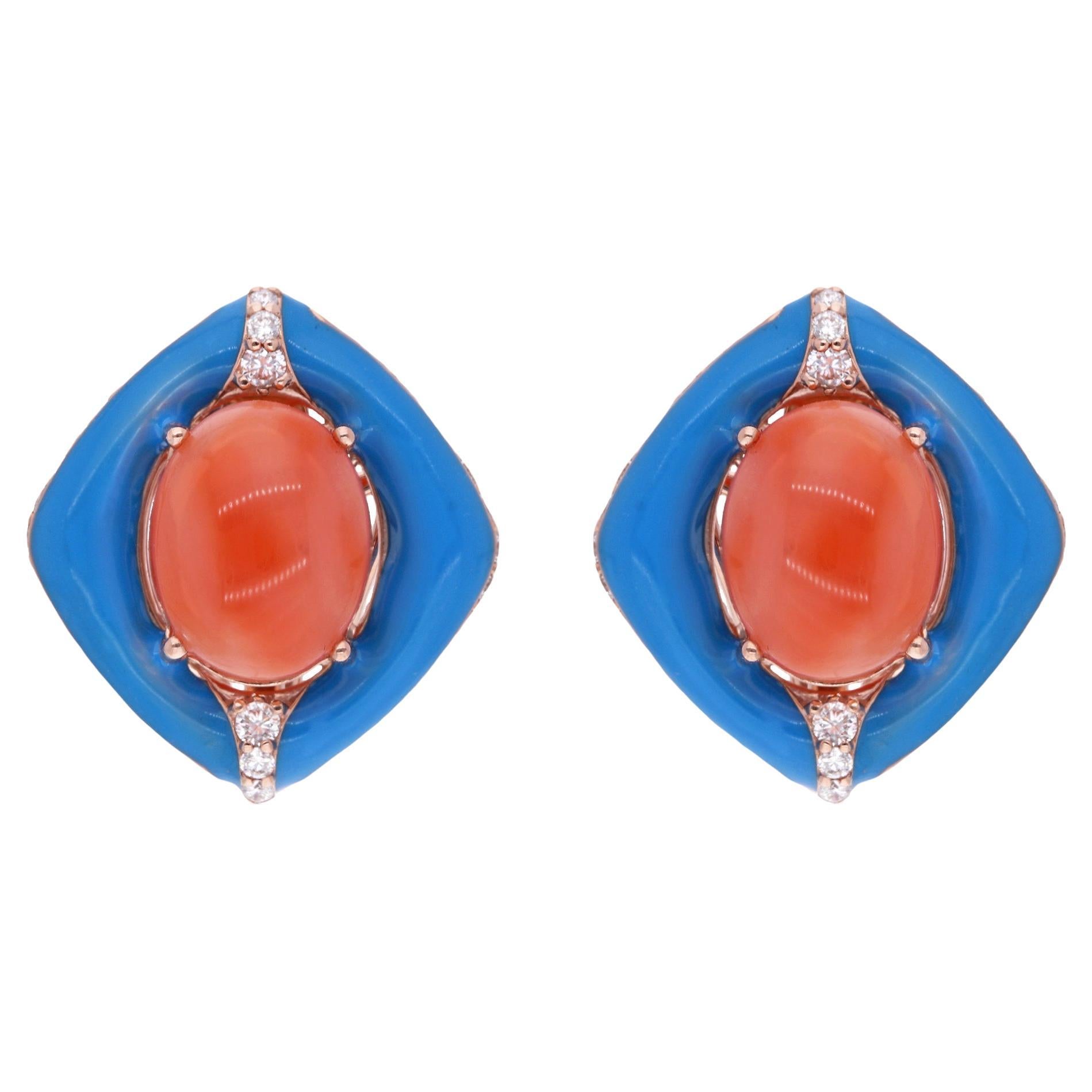 Oval Red Coral Gemstone Stud Earrings Enamel Diamond 18 Karat Rose Gold Jewelry For Sale