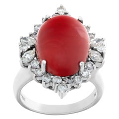 Oval Red Coral ring 18k White Gold w/ approx. 0.65 cts diamond accent frame