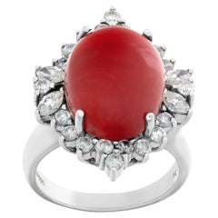 Oval Red Coral Ring 18k White Gold W/ Approx. 0.65 Cts Diamond Accent Frame