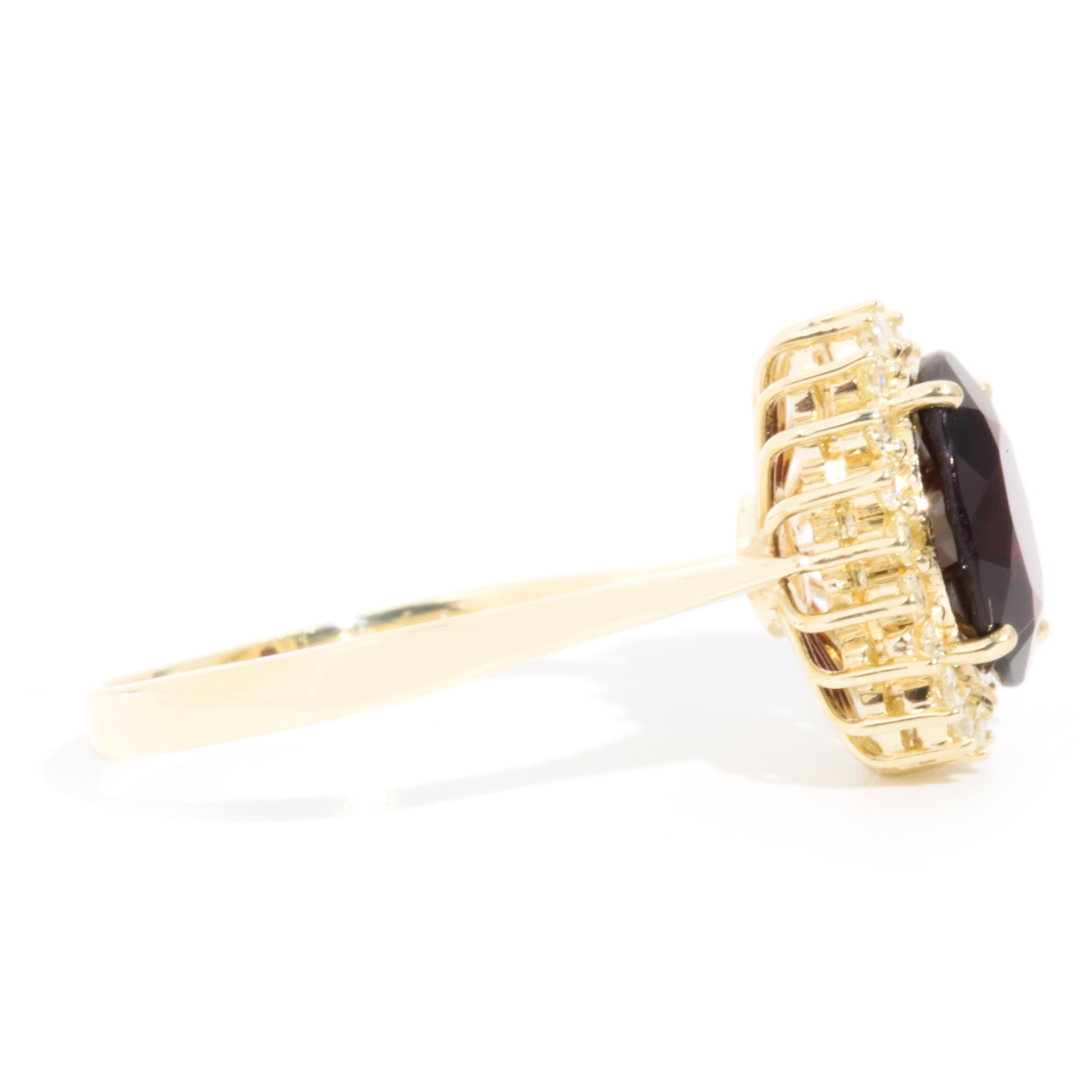 Oval Red Garnet and Diamond Vintage Halo Cluster Ring in 14 Carat Yellow Gold 3