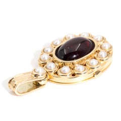 Oval Red Garnet Cabochon and White Pearl 9 Carat Gold Vintage Locket Pendant