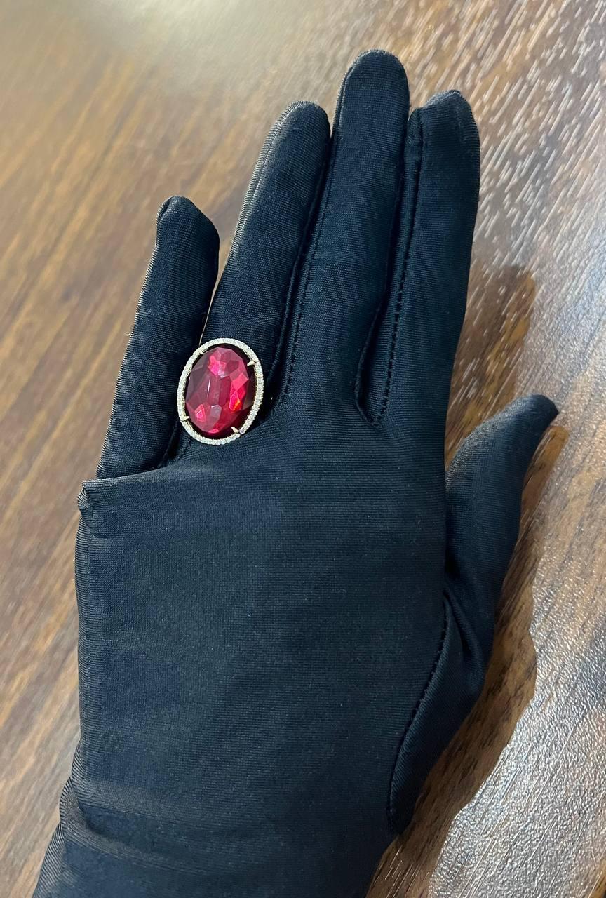 Oval Red Garnet Faceted Cabochon White Diamonds Halo 14K Gold Statement Ring For Sale 7