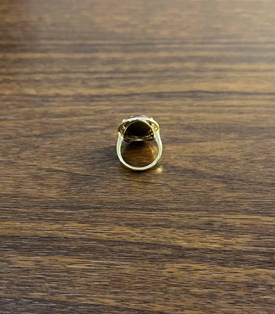 Oval Red Garnet Faceted Cabochon White Diamonds Halo 14K Gold Statement Ring In New Condition For Sale In Oakton, VA