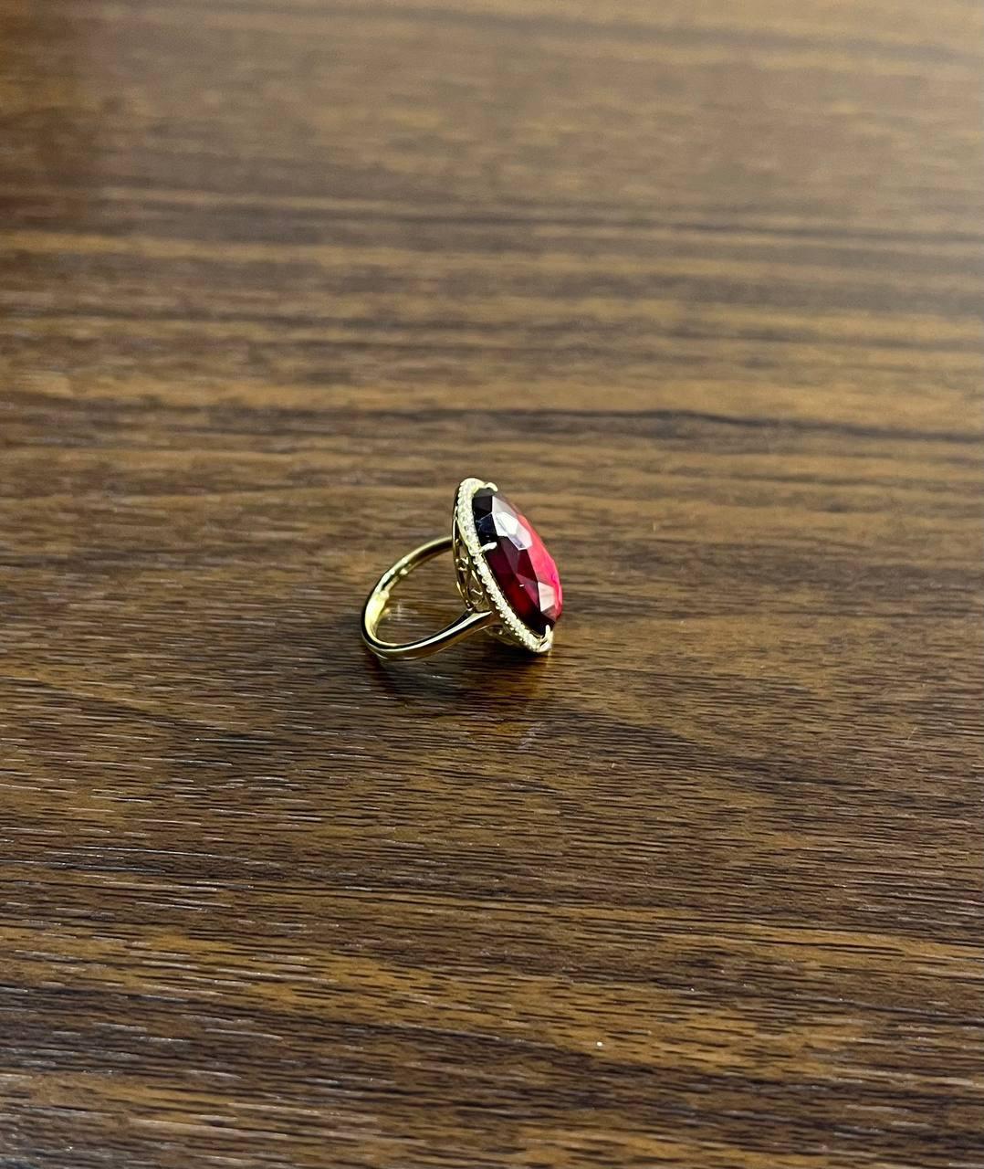 Women's Oval Red Garnet Faceted Cabochon White Diamonds Halo 14K Gold Statement Ring For Sale