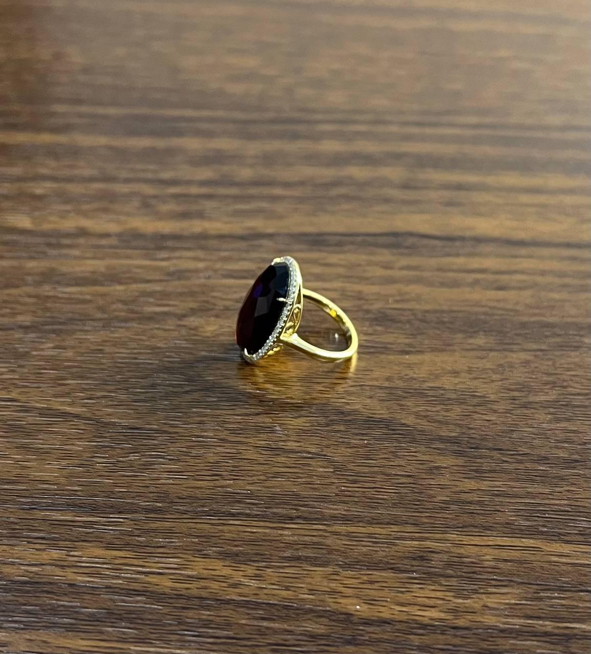 Oval Red Garnet Faceted Cabochon White Diamonds Halo 14K Gold Statement Ring For Sale 1