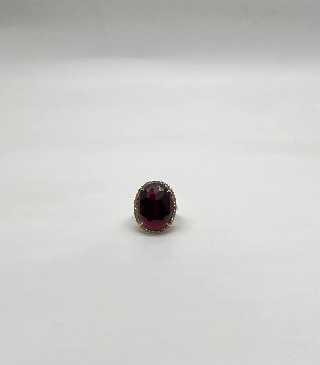 Oval Red Garnet Faceted Cabochon White Diamonds Halo 14K Gold Statement Ring For Sale 2