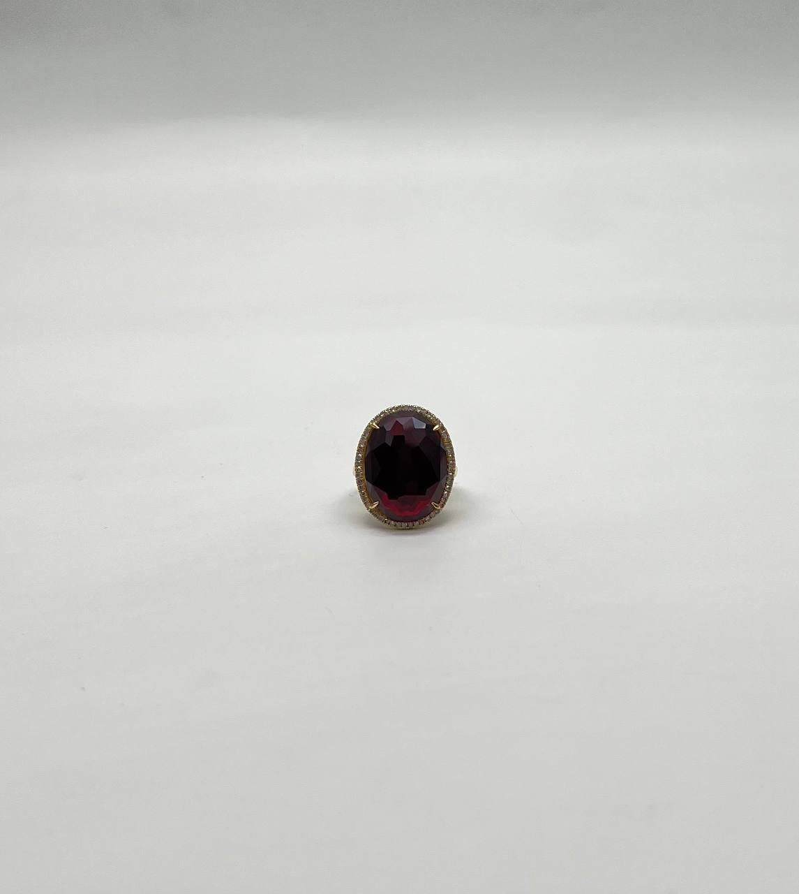 Oval Red Garnet Faceted Cabochon White Diamonds Halo 14K Gold Statement Ring For Sale 3