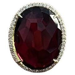 Oval Red Garnet Faceted Cabochon White Diamonds Halo 14K Gold Statement Ring