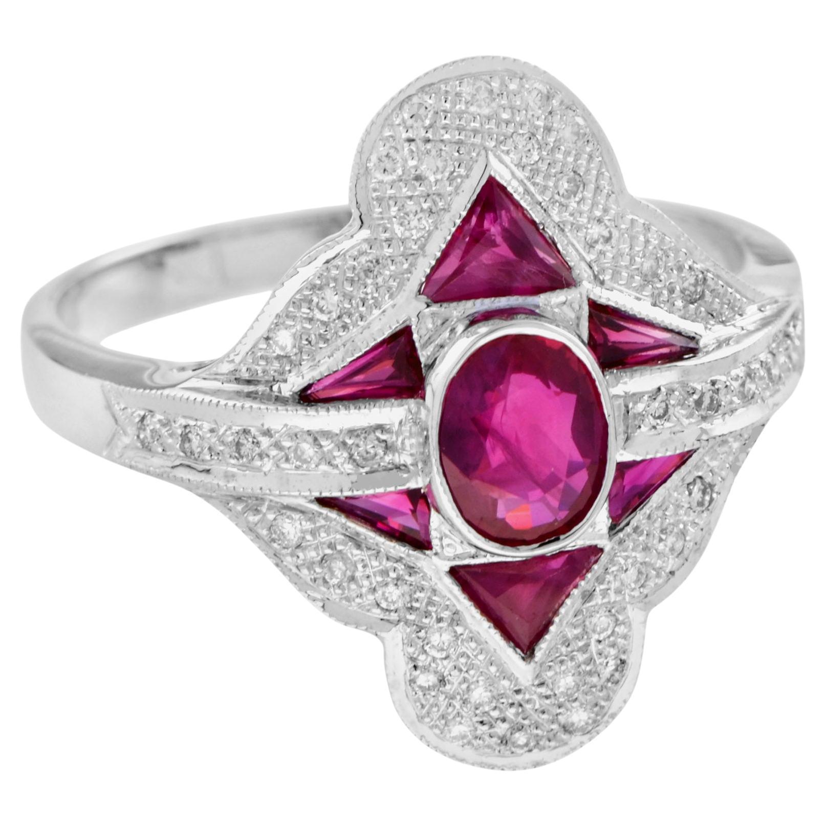 Oval Red Pink Ruby & Diamond Art Deco Style Halo Set 18K White Gold Ring