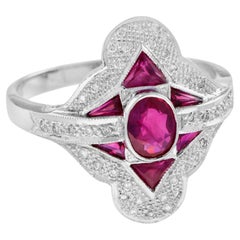 Oval Red Pink Ruby & Diamond Art Deco Style Halo Set 18K White Gold Ring